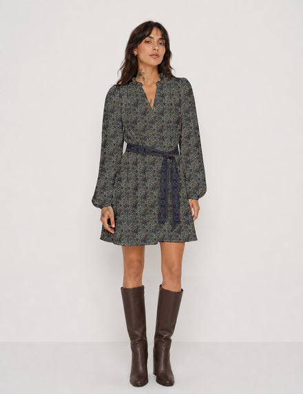 Swing dress with belt - Blue Paisley
