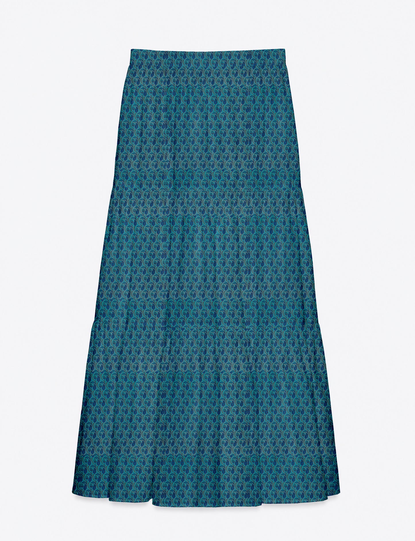 Yellow midi tiered skirt with small dark geometric micro pattern, flat lay front view