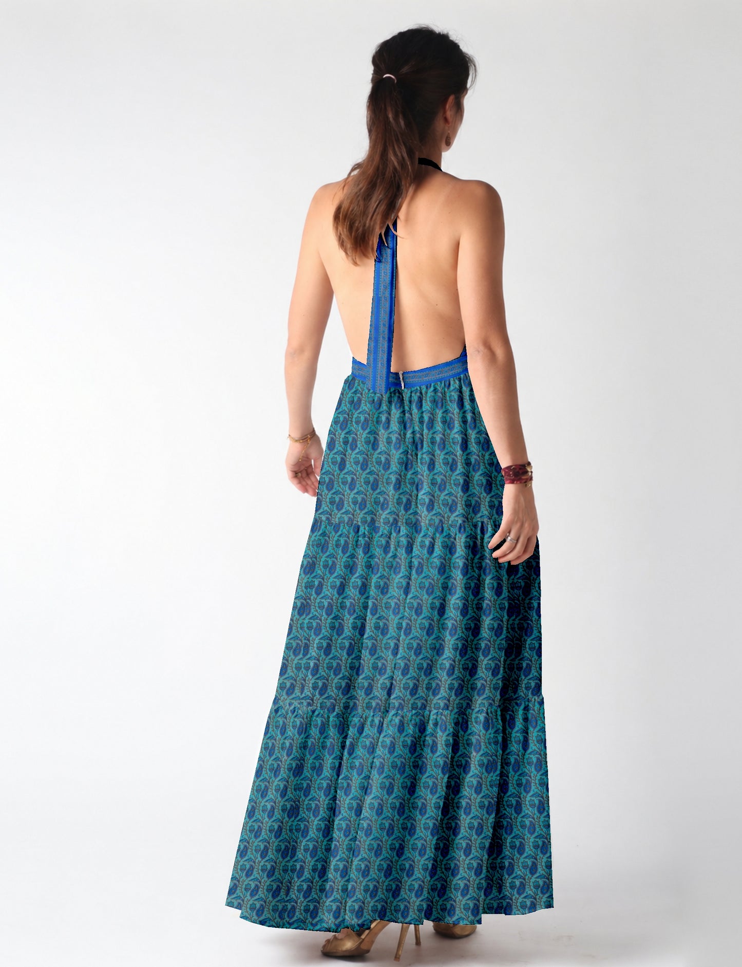 Halter neck maxi dress with tiered layers and elasticated back