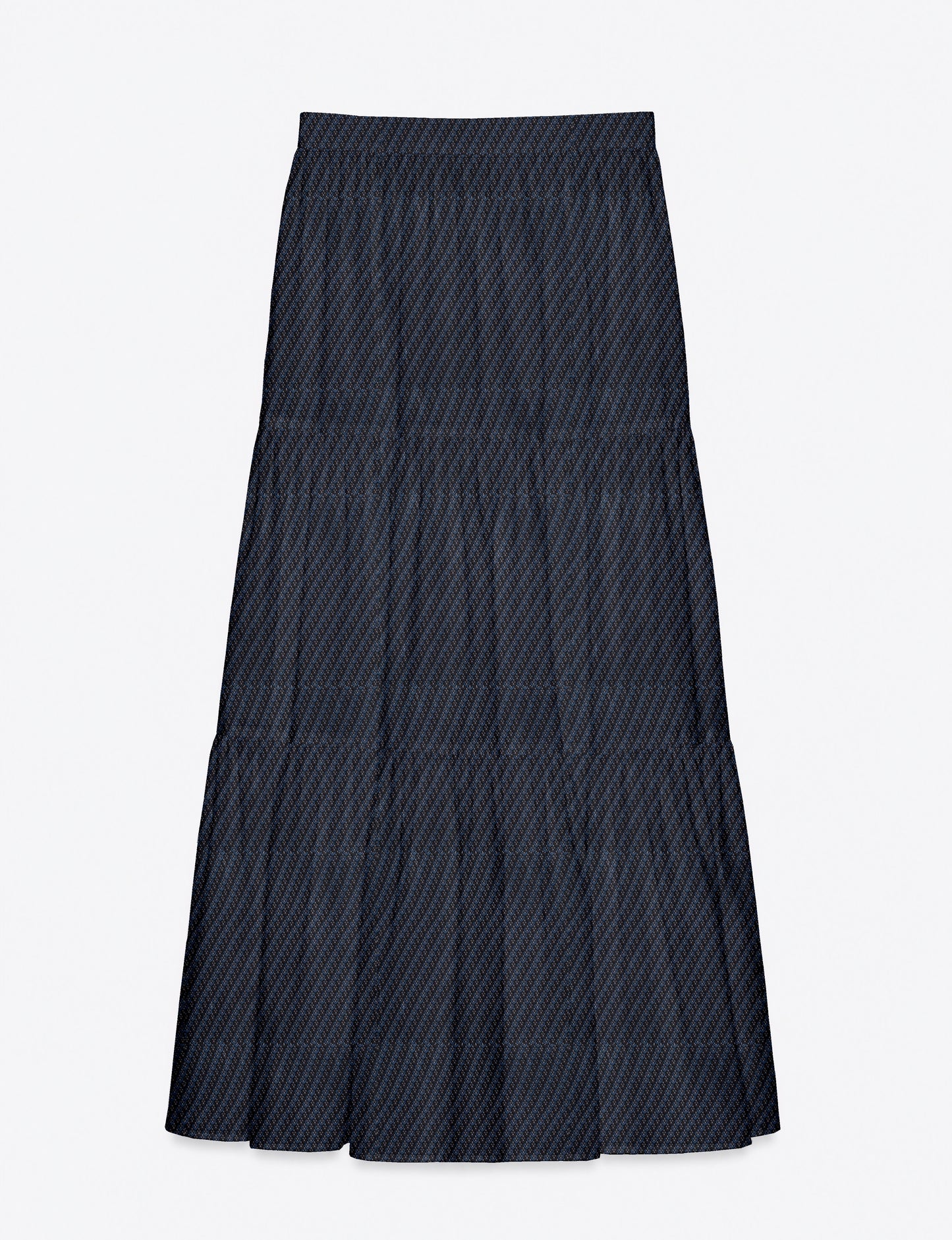 Yellow midi tiered skirt with small dark geometric micro pattern, flat lay front view