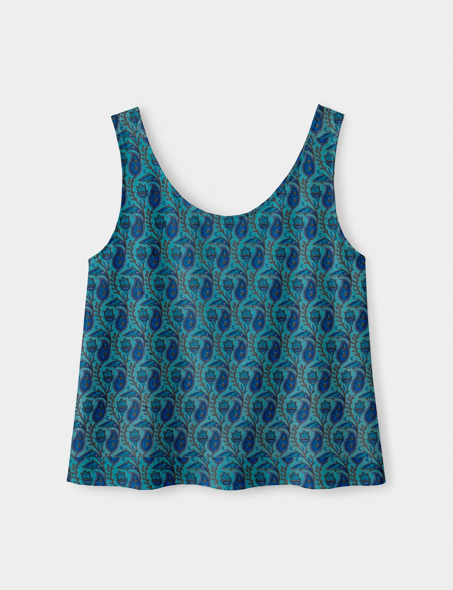 Women's sleeveless blouse with a relaxed straight fit, wide scoop neckline, deep scoop back, and hip-length silhouette.
