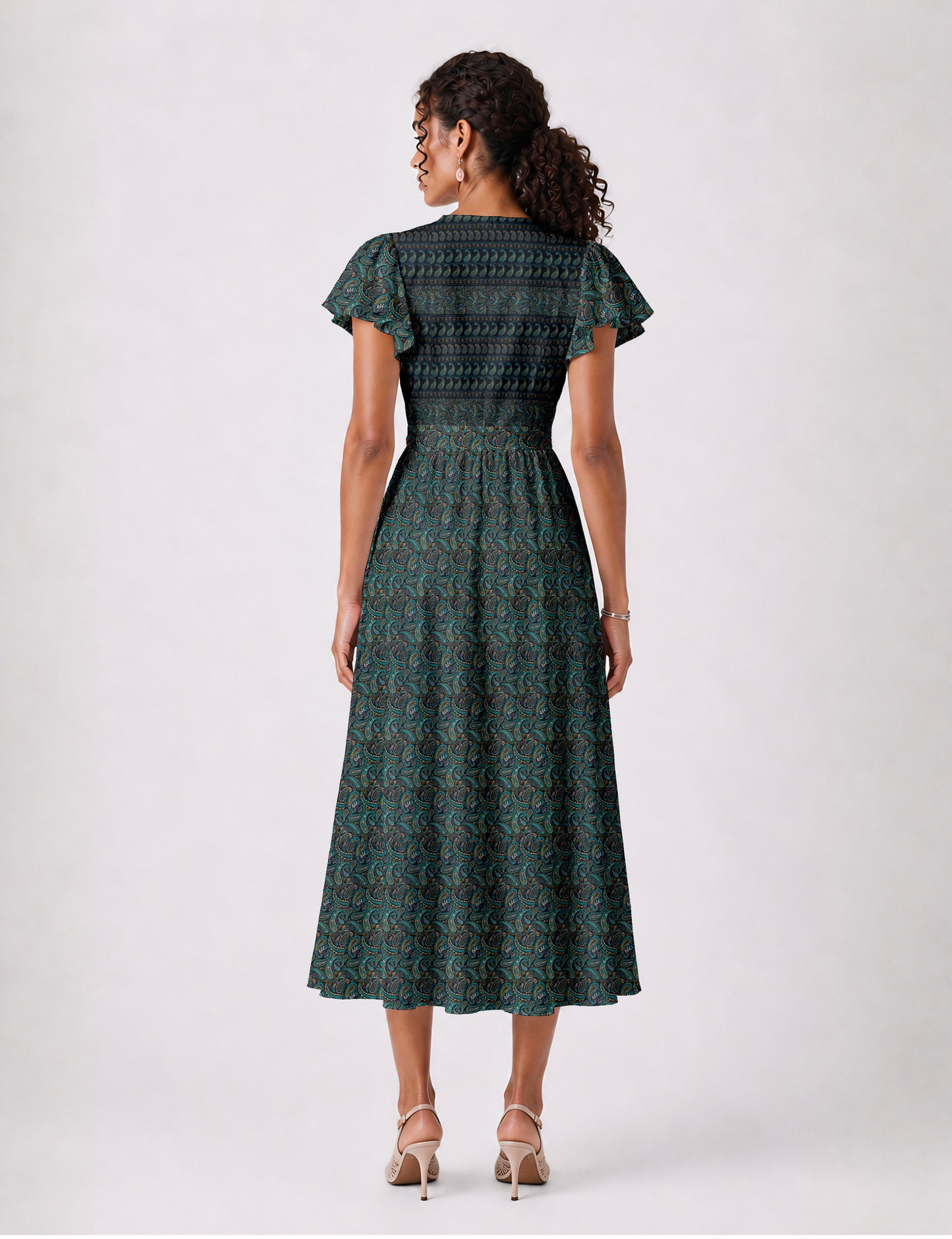 Elegant midi wrap dress with a V-neckline, adjustable waist tie, fitted bodice, and flared skirt for a timeless, flattering silhouette.