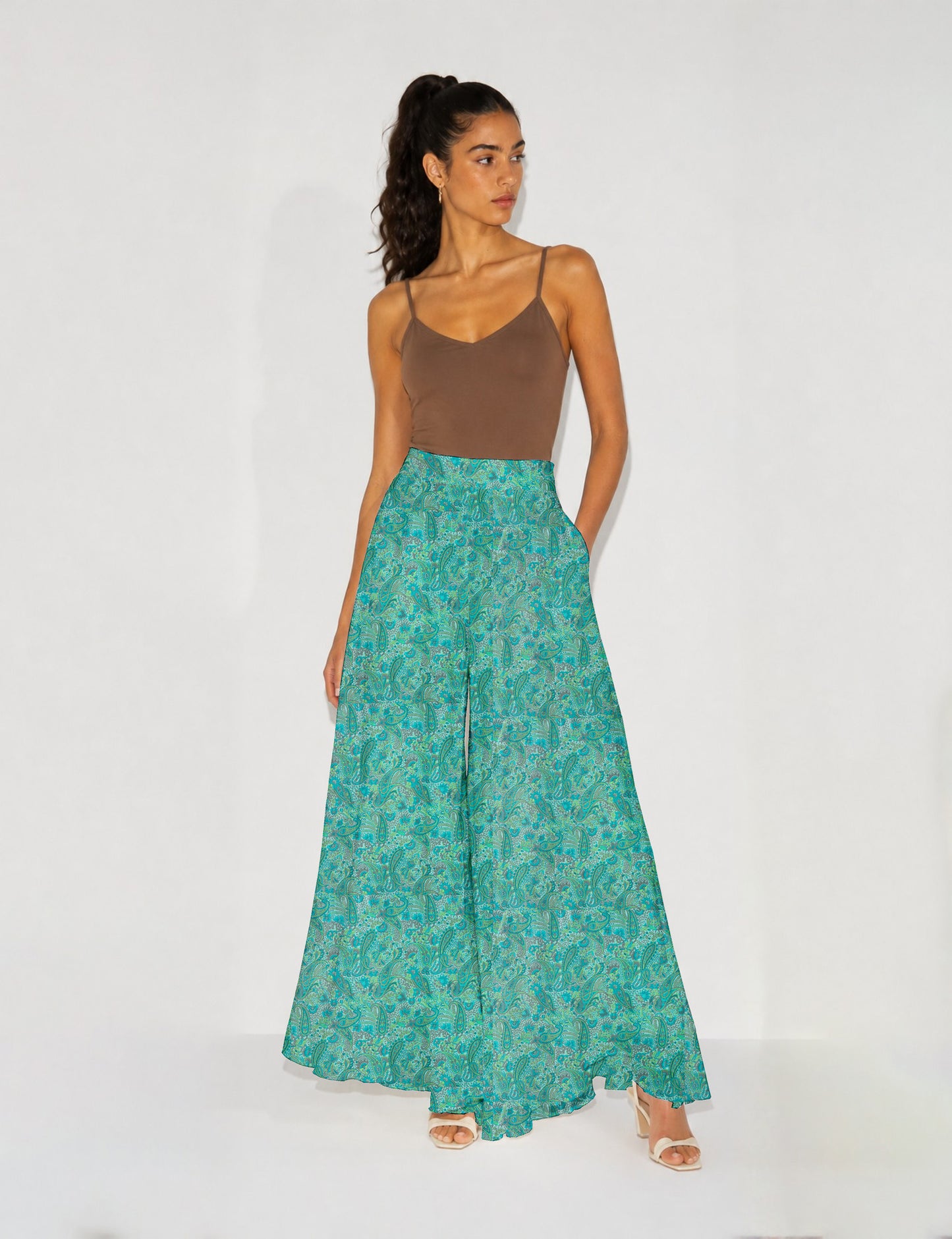 Wide Leg Palazzo Trousers - Blue Paisley