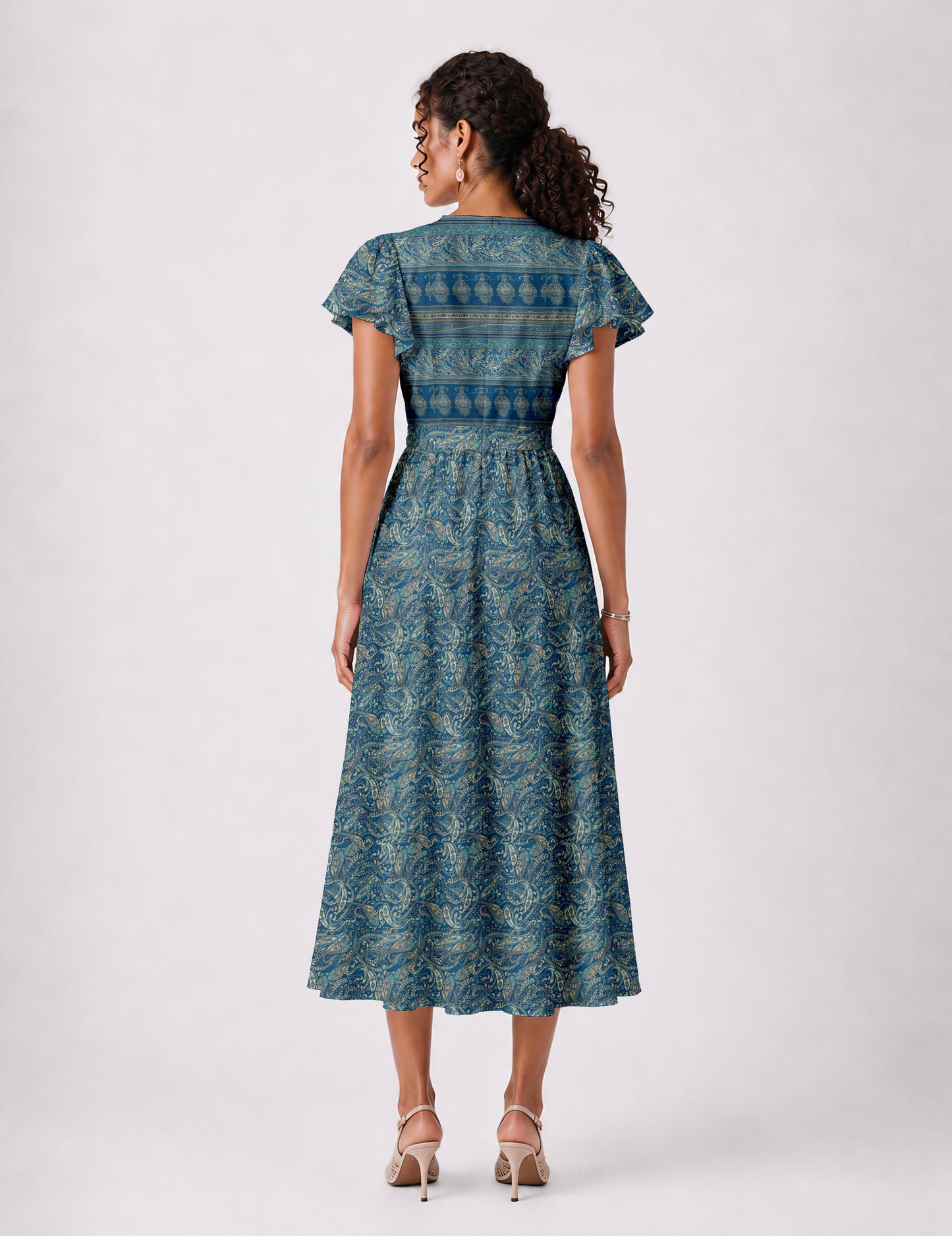 Elegant midi wrap dress with a V-neckline, adjustable waist tie, fitted bodice, and flared skirt for a timeless, flattering silhouette.