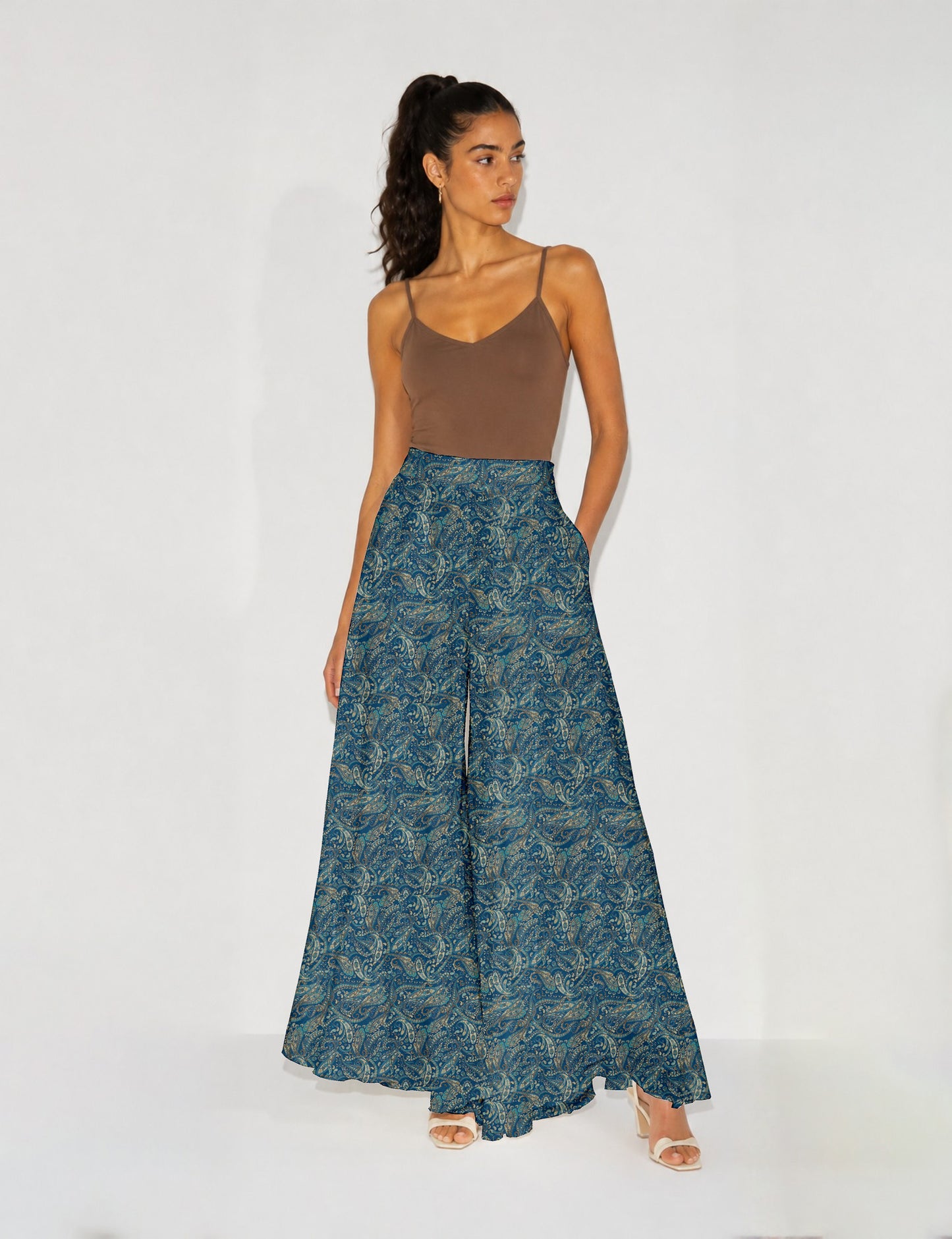 Wide Leg Palazzo Trousers - Blue Paisley