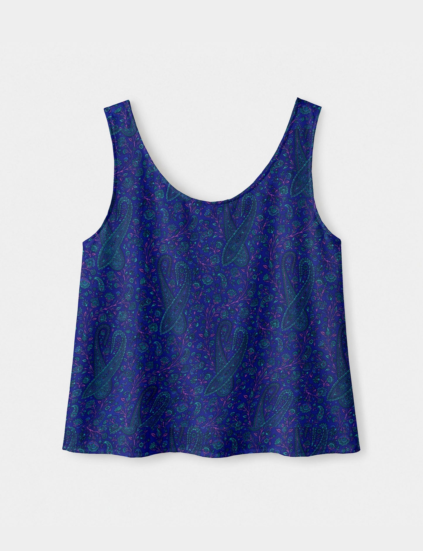 Women's sleeveless blouse with a relaxed straight fit, wide scoop neckline, deep scoop back, and hip-length silhouette.