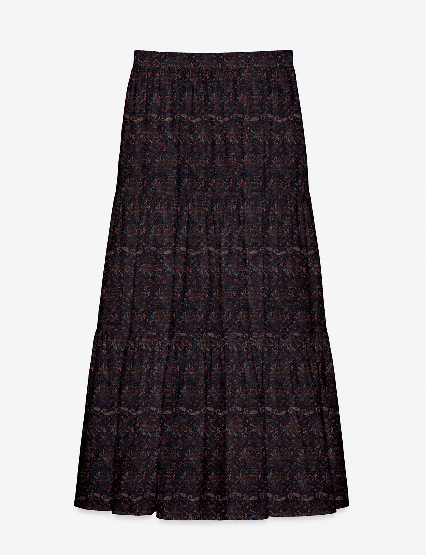 Yellow midi tiered skirt with small dark geometric micro pattern, flat lay front view