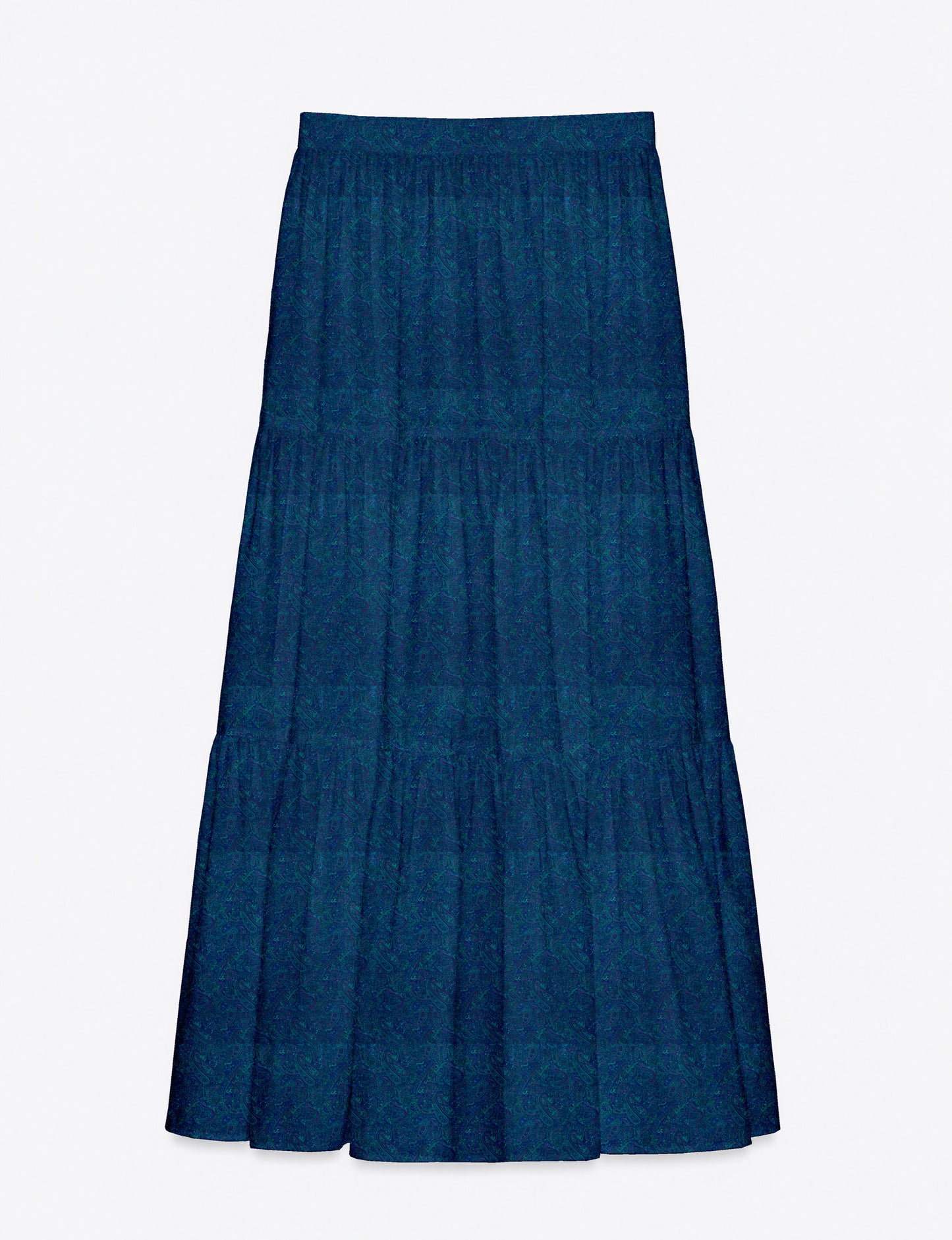 Yellow midi tiered skirt with small dark geometric micro pattern, flat lay front view