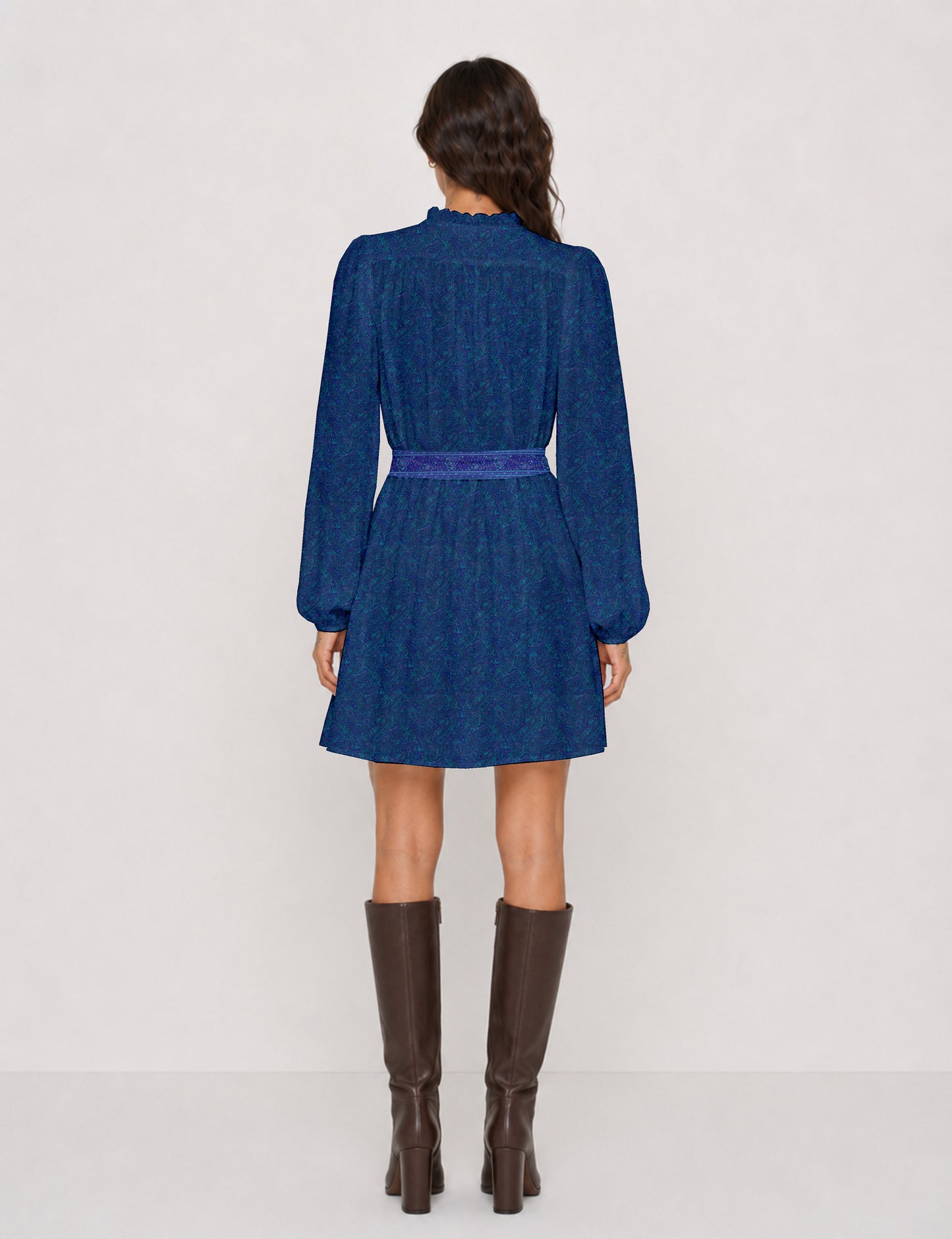 Swing dress with belt - Blue Paisley