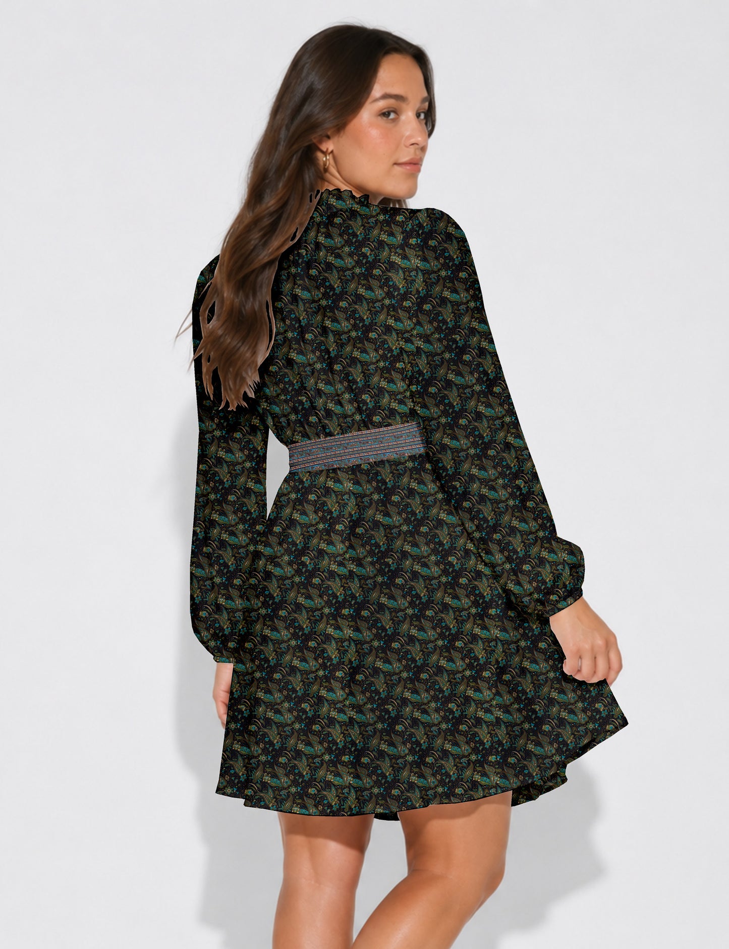 Swing dress with belt - Blue Paisley