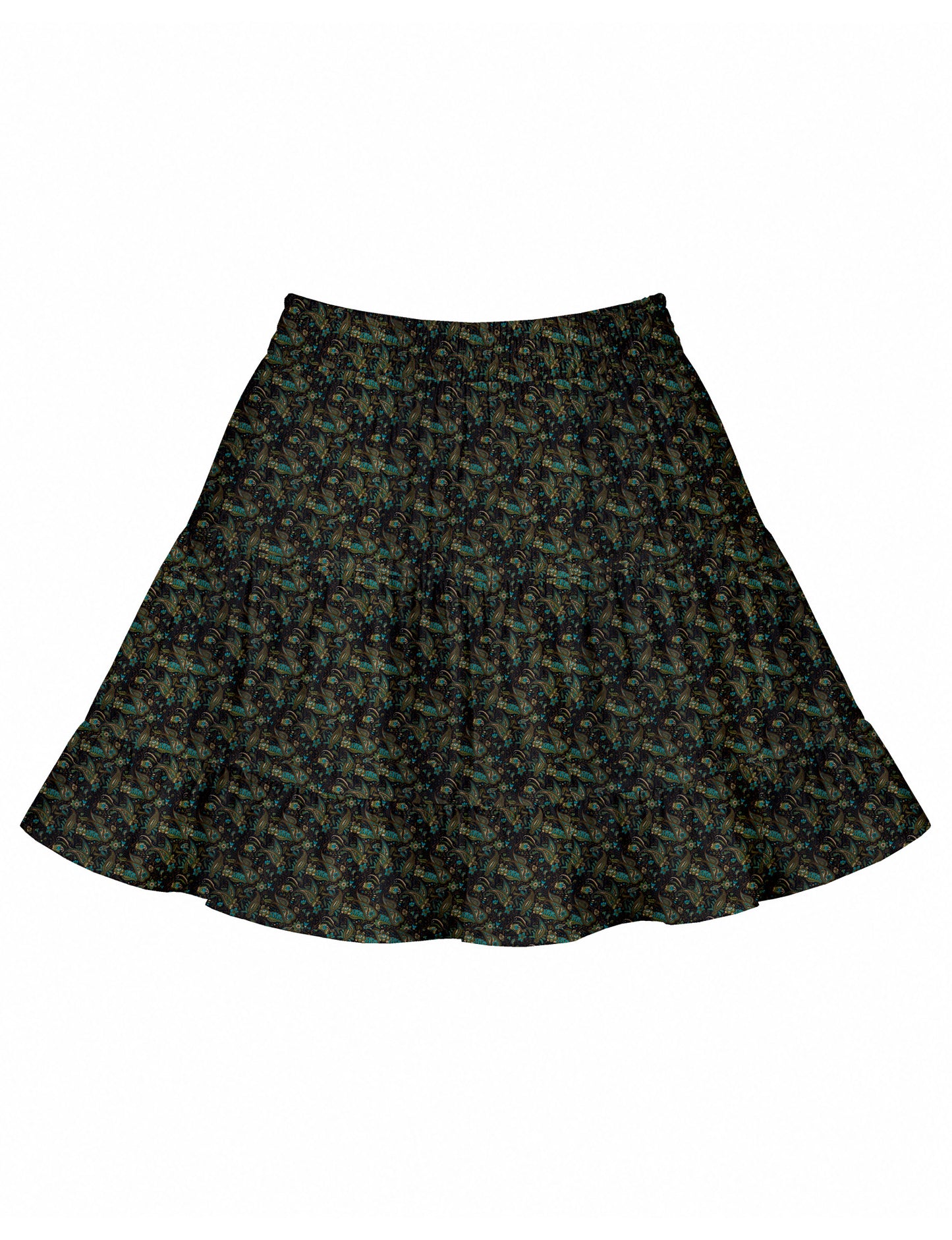 Short tiered skirt with a fitted waistband, knife pleats, softly flared silhouette, side seam pockets, and above-the-knee length.
