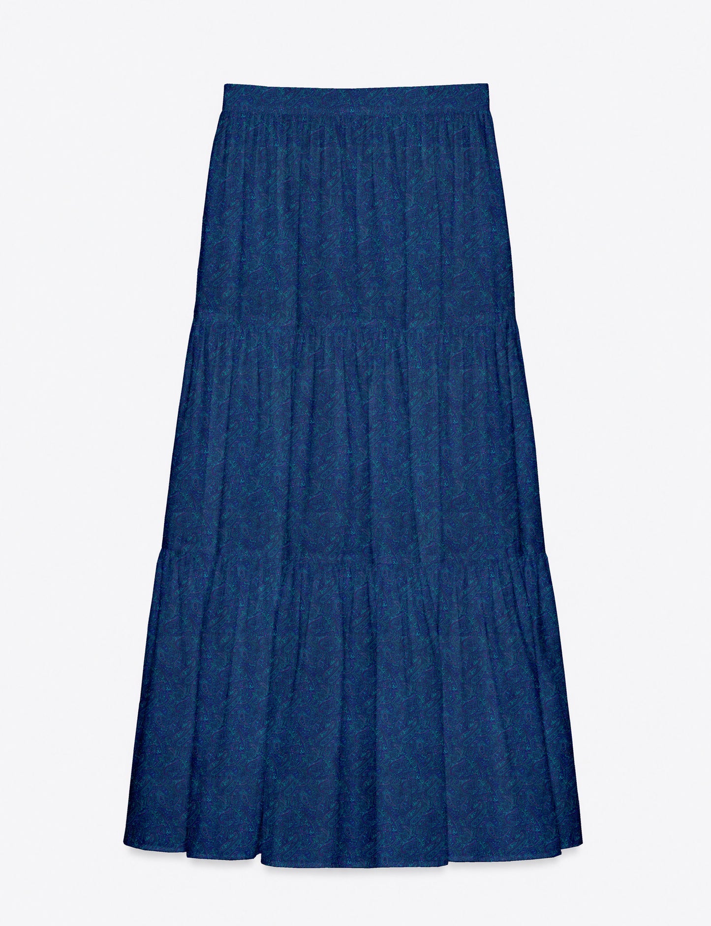 Yellow midi tiered skirt with small dark geometric micro pattern, flat lay front view