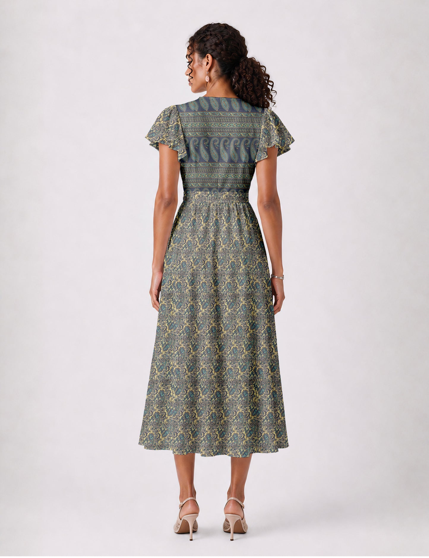 Elegant midi wrap dress with a V-neckline, adjustable waist tie, fitted bodice, and flared skirt for a timeless, flattering silhouette.