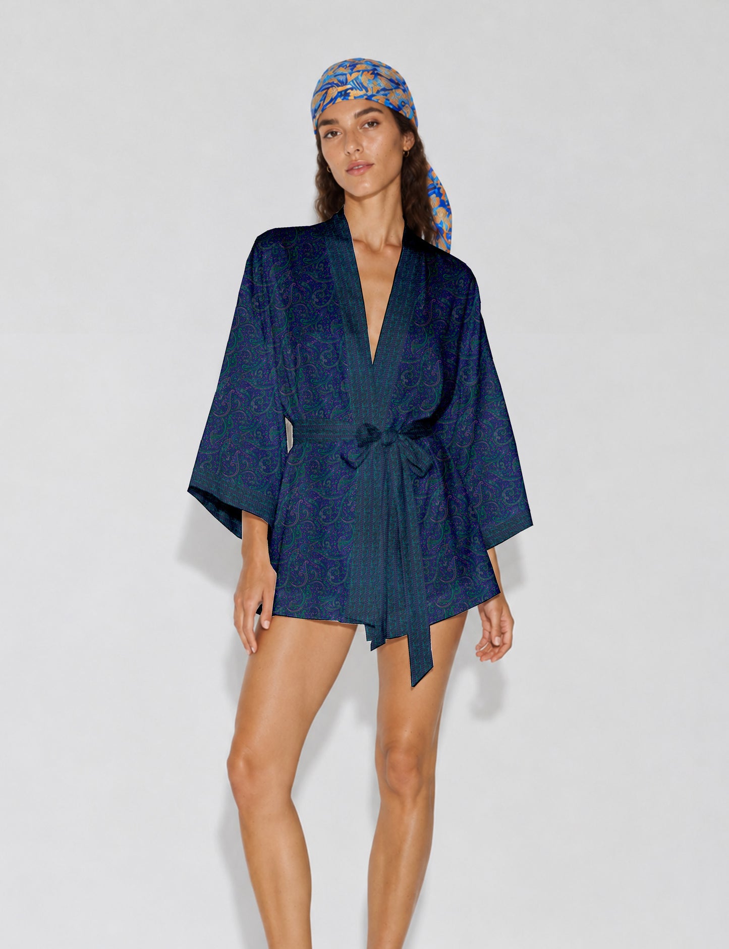 Short kimono robe - Blue Paisley