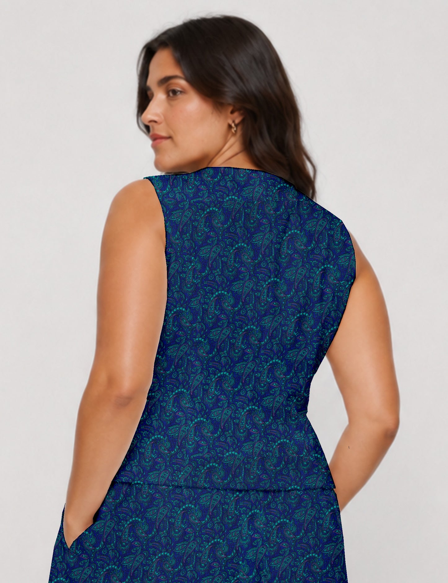 Women's fitted waistcoat with V-neck, single-breasted button closure, tailored silhouette, and pointed hem in sustainable fashion.