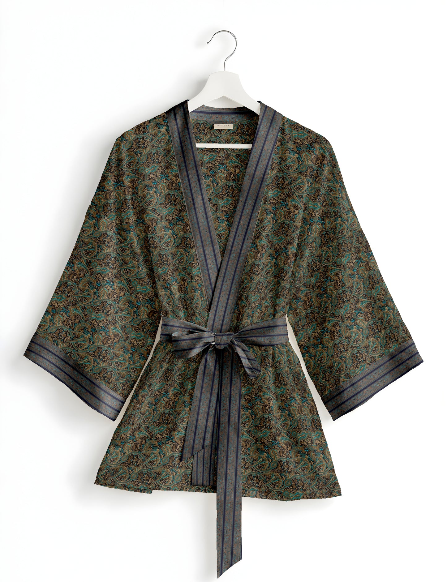 Short kimono robe with wrap front, V-neckline, wide sleeves, waist tie, and concealed skort detail.