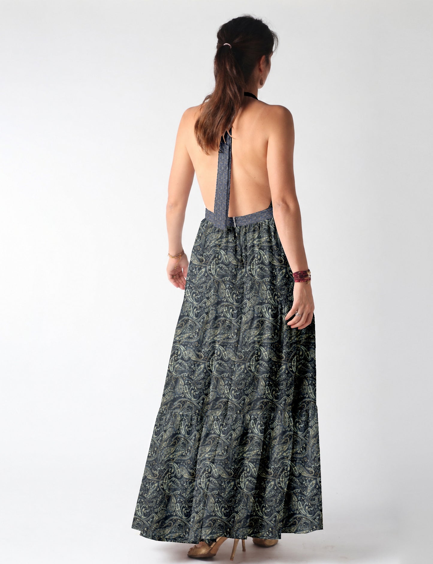 Halter neck maxi dress with tiered layers and elasticated back