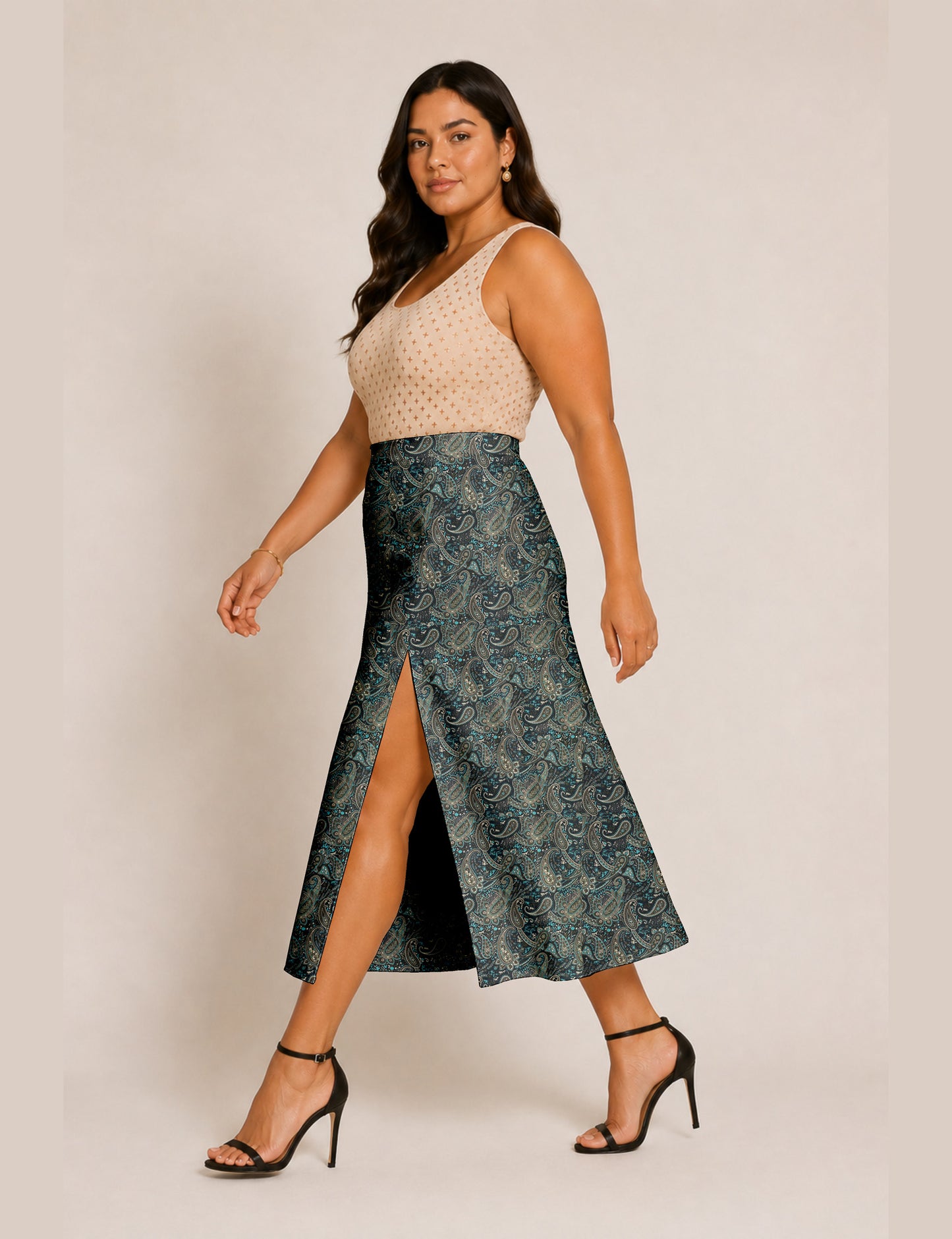 A line skirt with slit - Blue Paisley