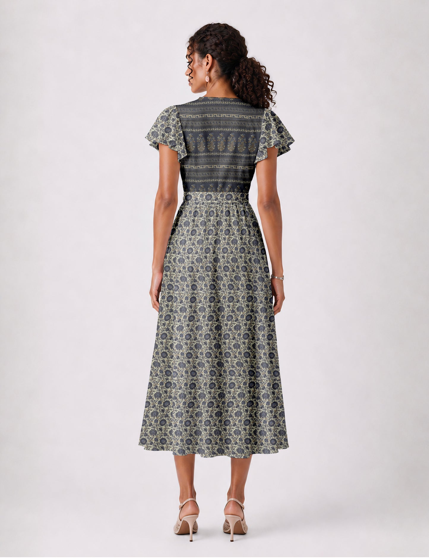 Midi wrap dress with V-neckline, fitted bodice, tie waist, and flared mid-calf skirt