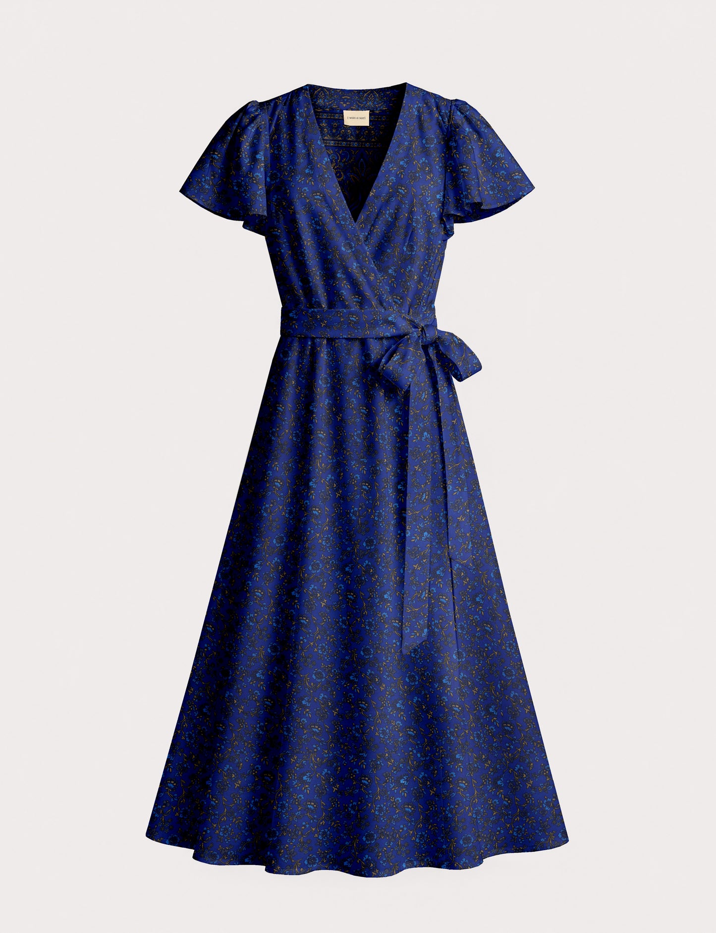 Midi wrap dress with V-neckline, fitted bodice, tie waist, and flared mid-calf skirt