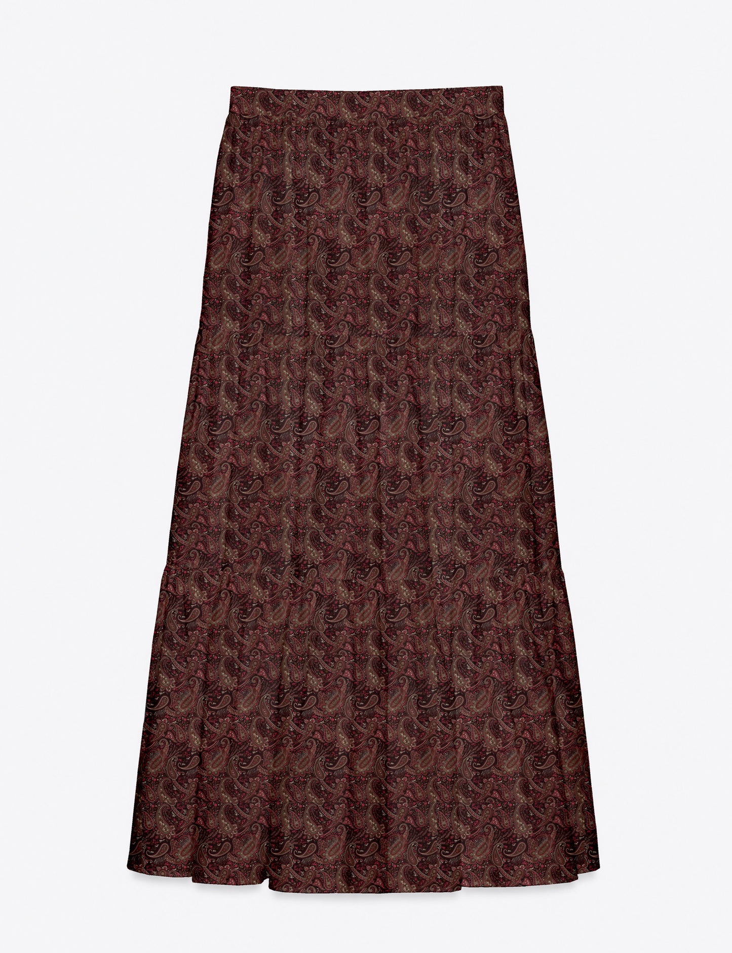 Yellow midi tiered skirt with small dark geometric micro pattern, flat lay front view