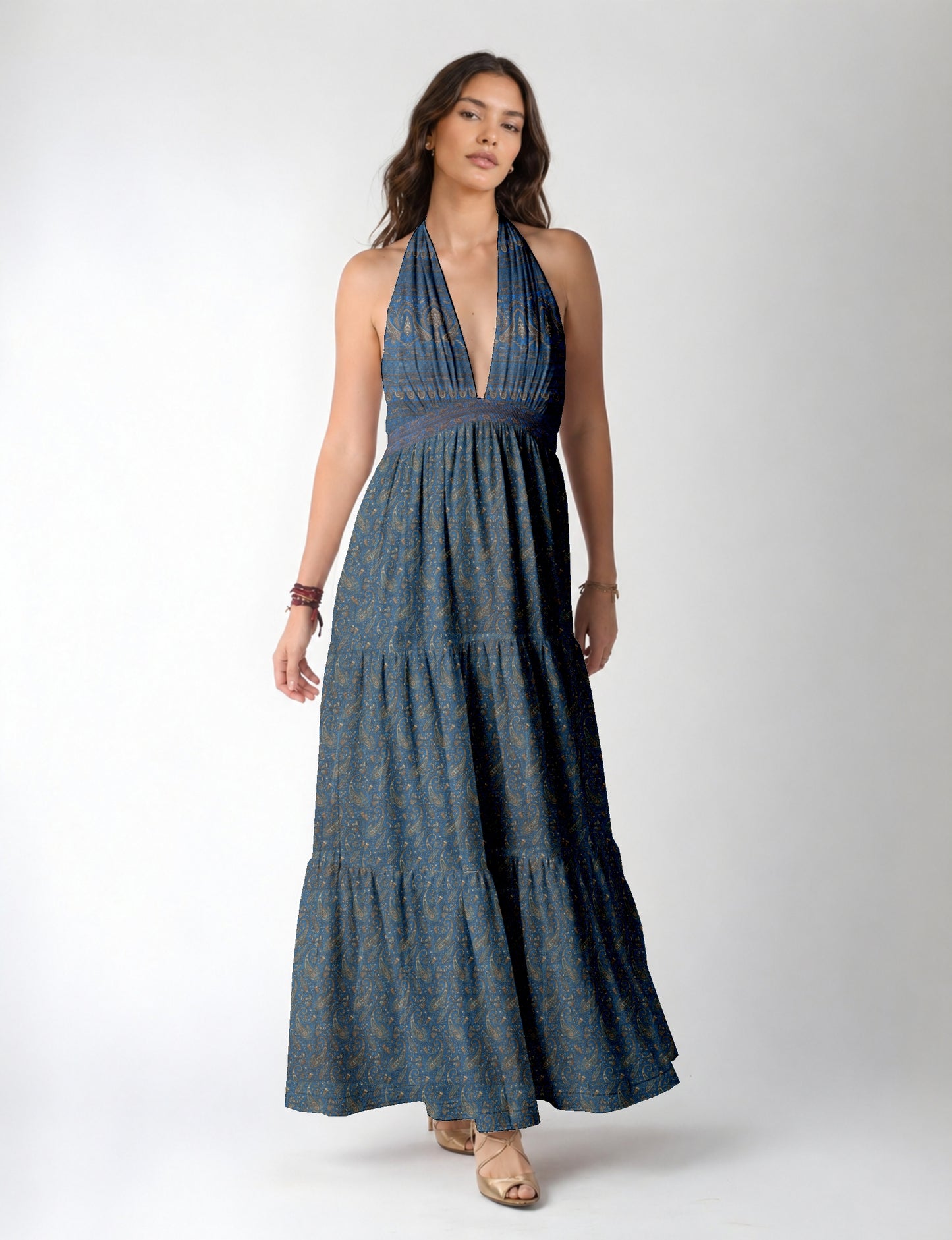 Elegant tiered maxi dress with adjustable tie neck design