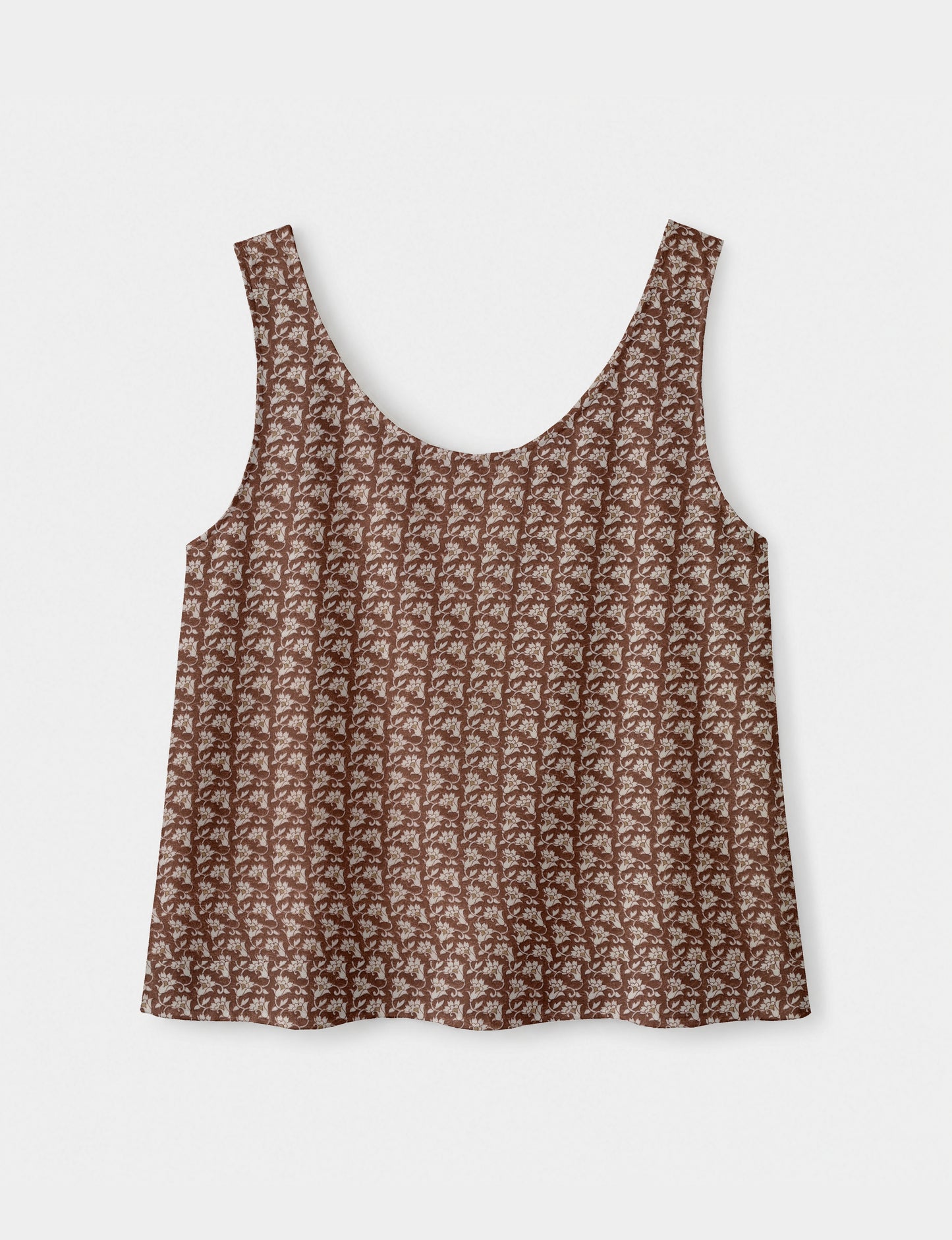 Women's sleeveless blouse with a relaxed straight fit, wide scoop neckline, deep scoop back, and hip-length silhouette.