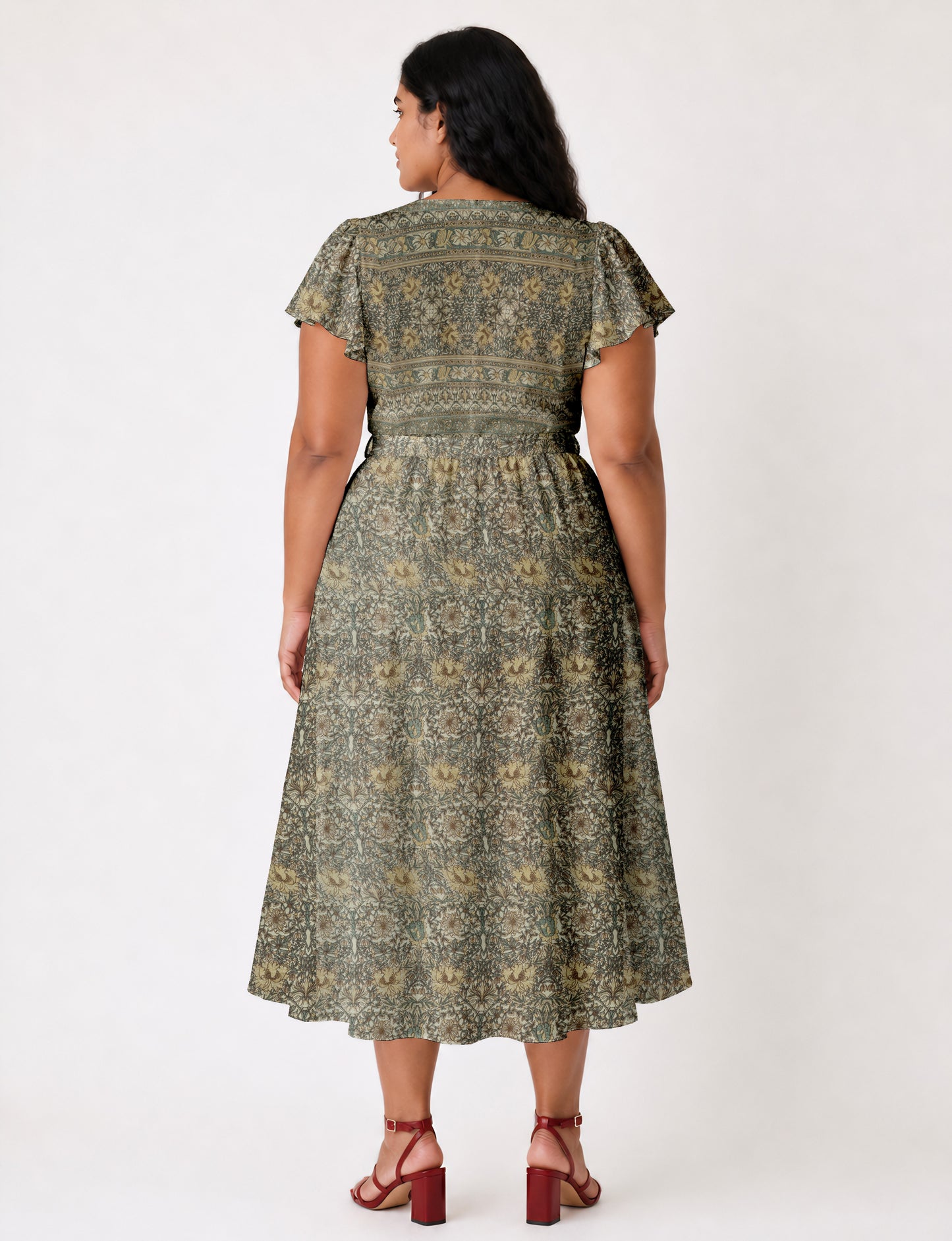 Midi wrap dress with V-neckline, fitted bodice, tie waist, and flared mid-calf skirt
