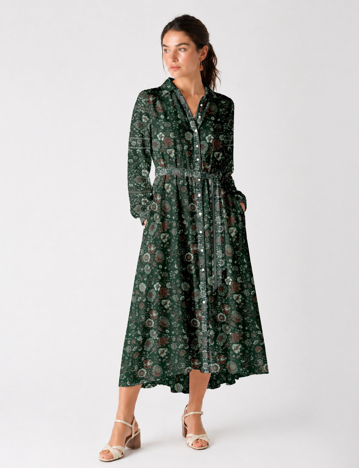 Flowing long shirt dress with relaxed fit and ankle-length design