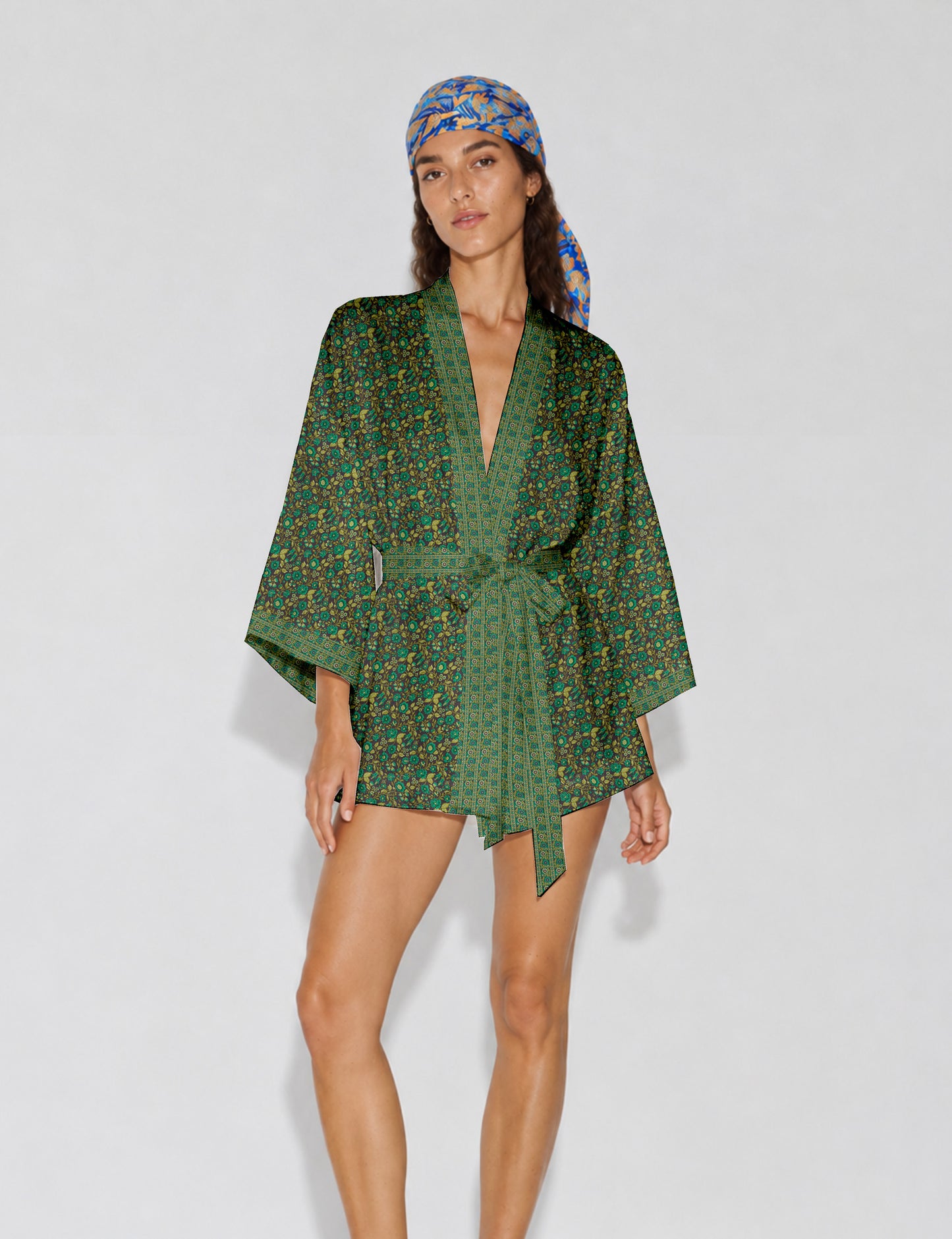 Short kimono robe - Green Floral