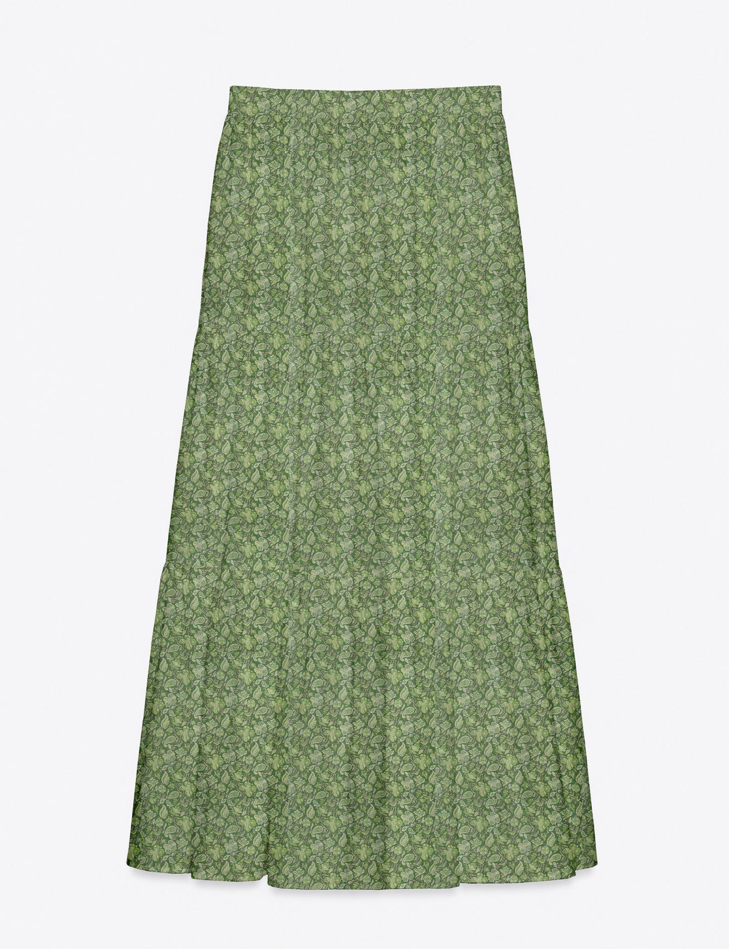 Yellow midi tiered skirt with small dark geometric micro pattern, flat lay front view