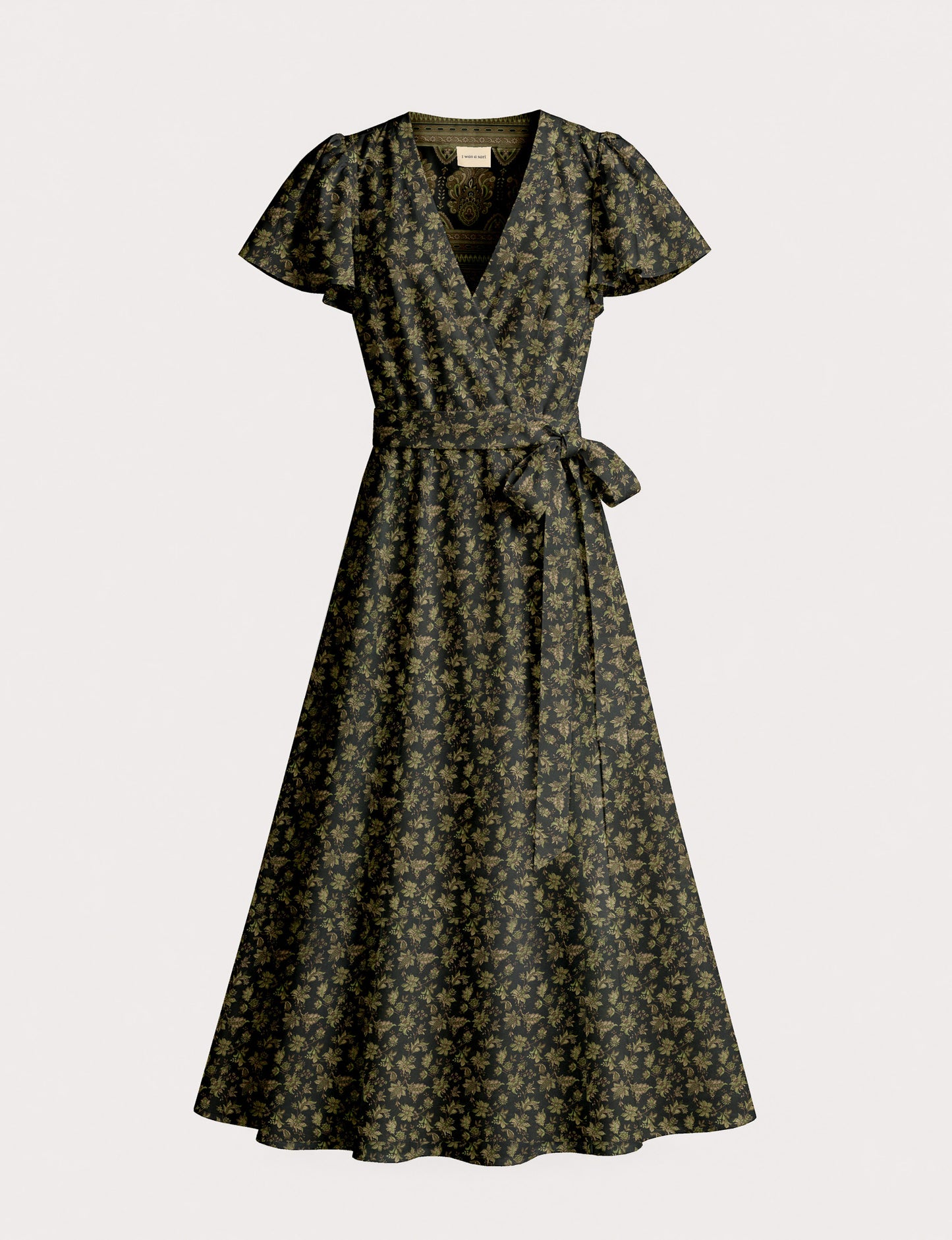 Elegant midi wrap dress with a V-neckline, adjustable waist tie, fitted bodice, and flared skirt for a timeless, flattering silhouette.
