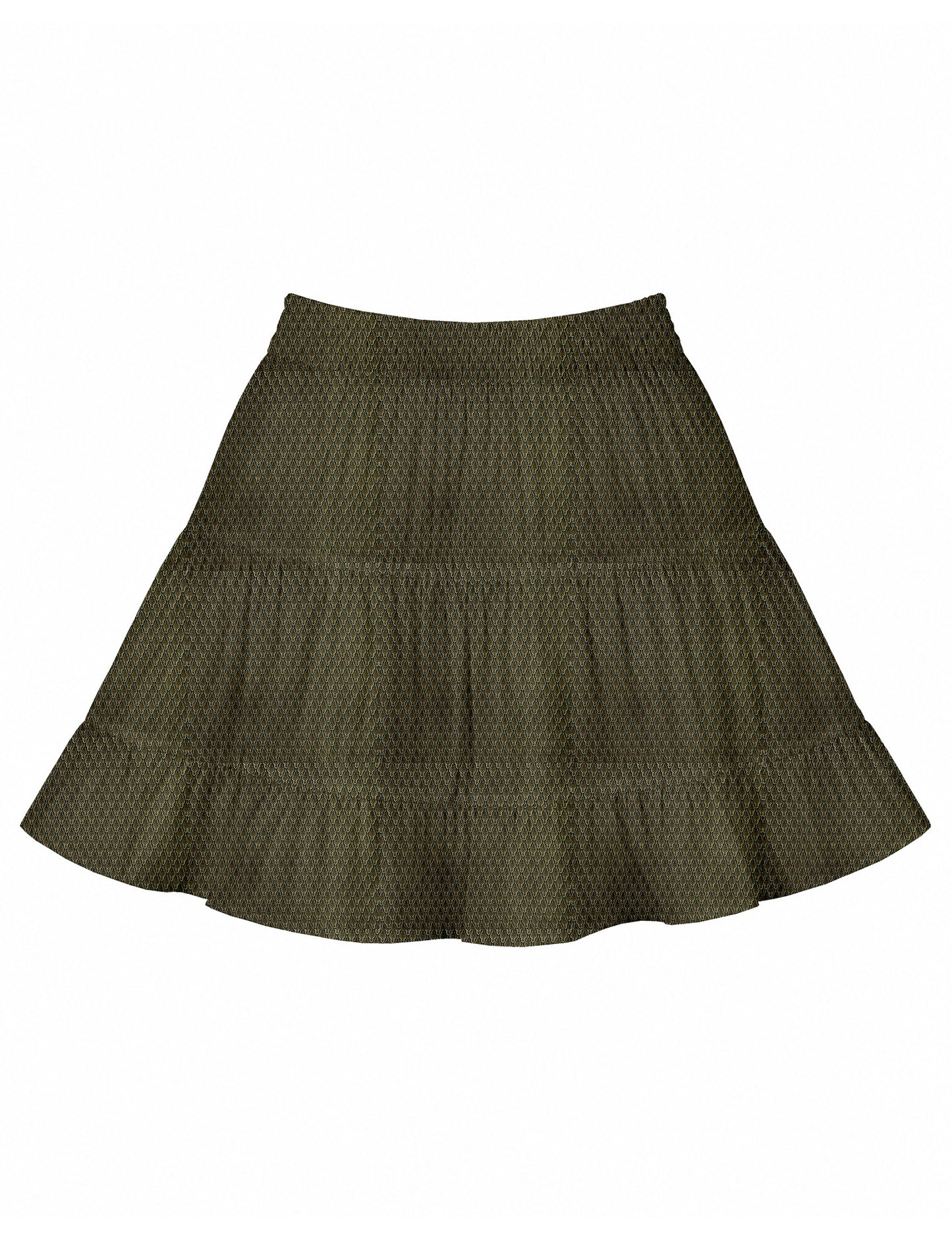 Short tiered skirt with a fitted waistband, knife pleats, softly flared silhouette, side seam pockets, and above-the-knee length.