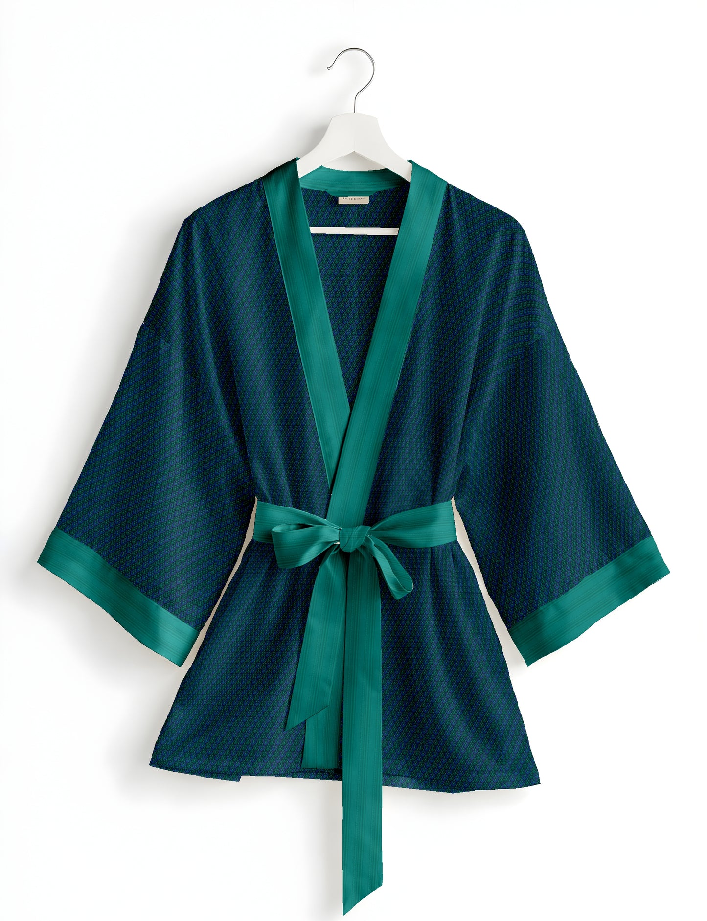 Short kimono robe with wrap front, V-neckline, wide sleeves, waist tie, and concealed skort detail.
