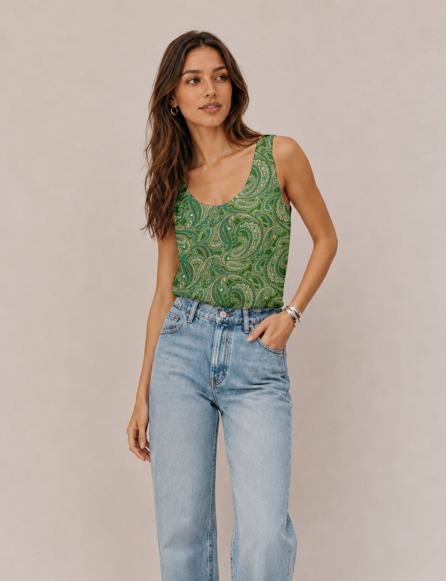 Women's sleeveless blouse with a relaxed straight fit, wide scoop neckline, deep scoop back, and hip-length silhouette.