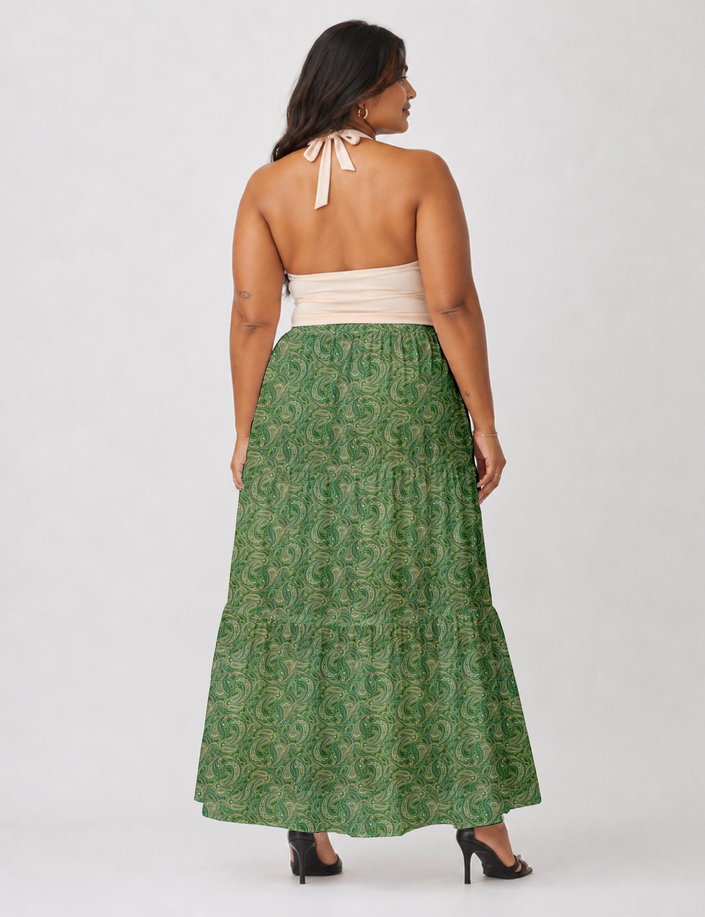 Yellow midi tiered skirt with small dark geometric micro pattern, flat lay front view