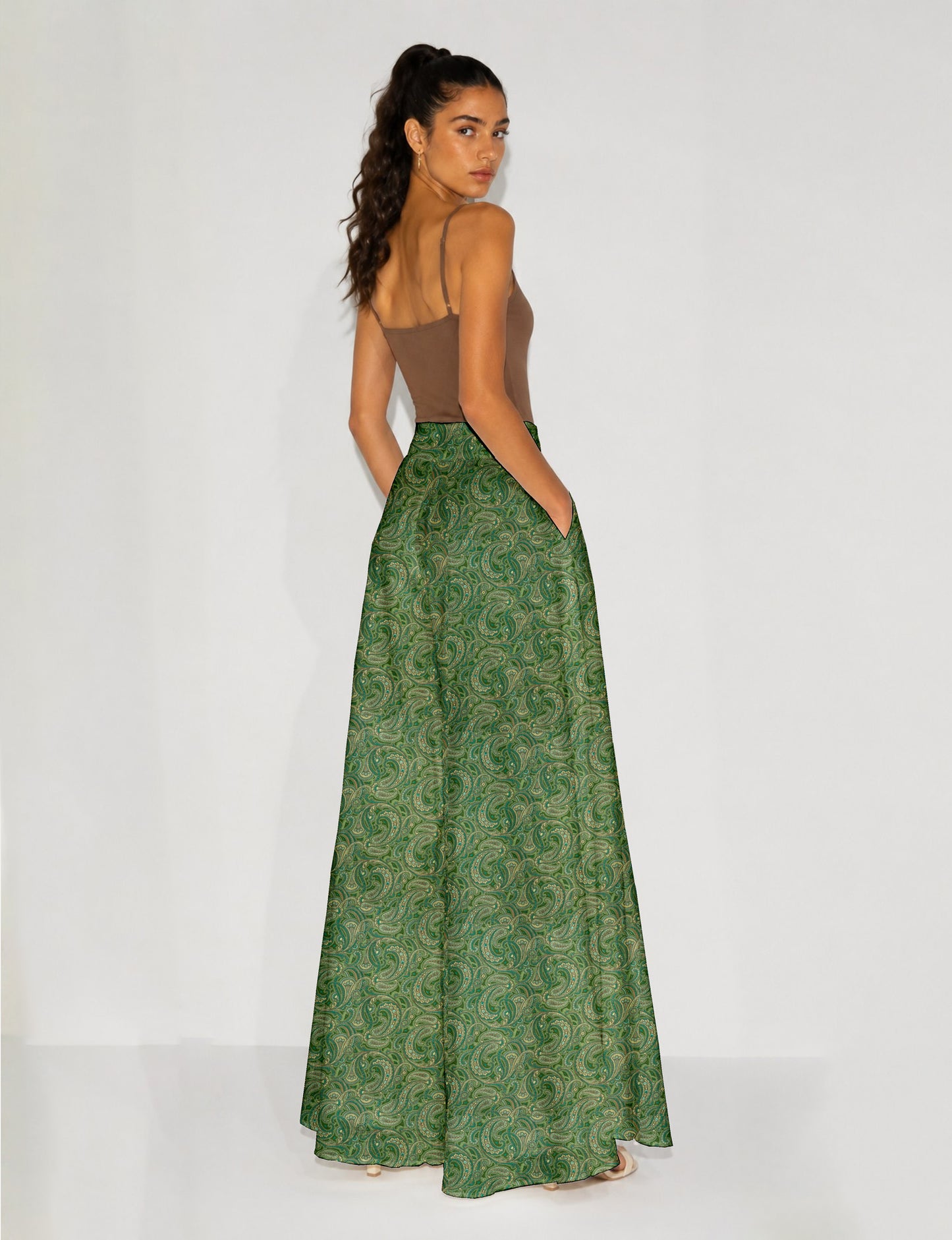 Wide Leg Palazzo Trousers - Green Paisley