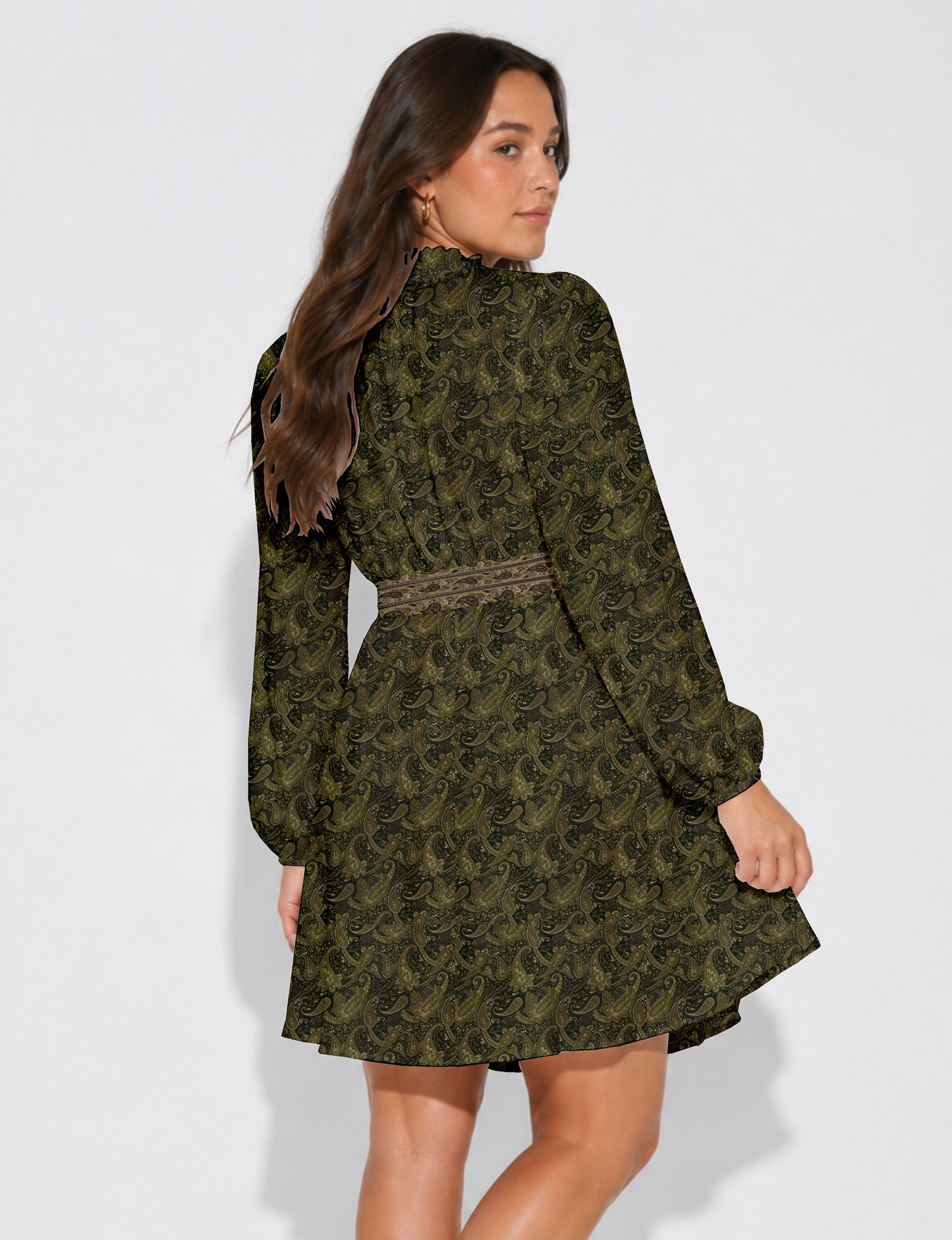 Swing dress with belt - Green Paisley