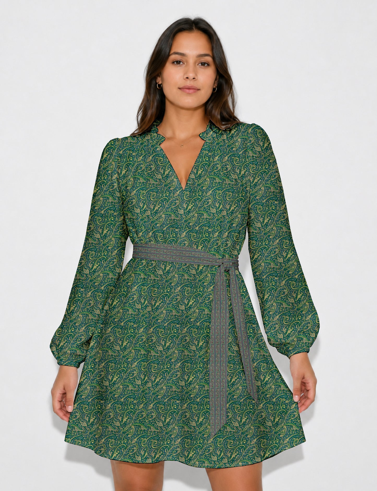 Swing dress with belt - Green Tropical