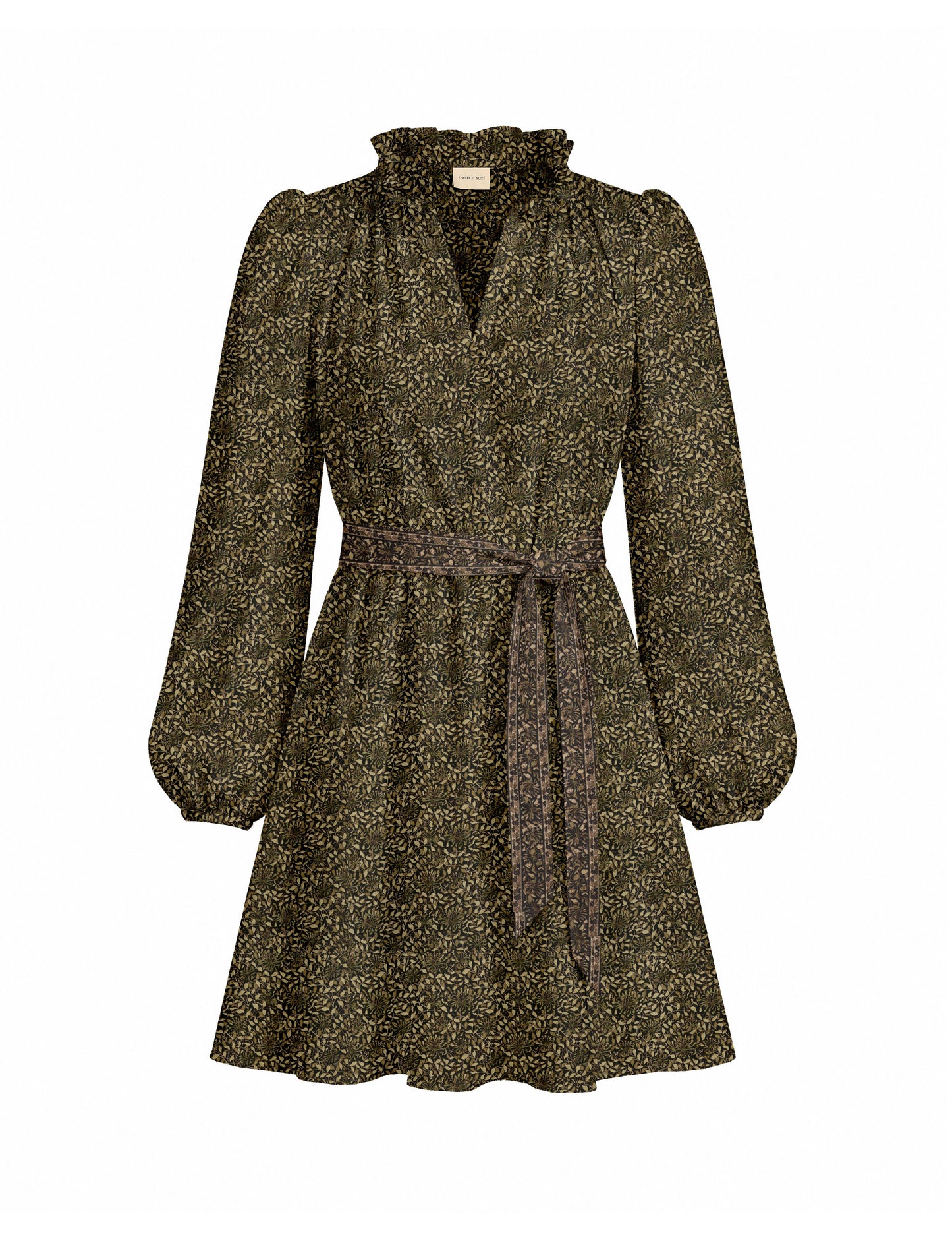 Swing dress with detachable tie belt, gathered ruffle neckline, full-length voluminous sleeves, elastic cuffs, and relaxed A-line silhouette in an above-knee length.