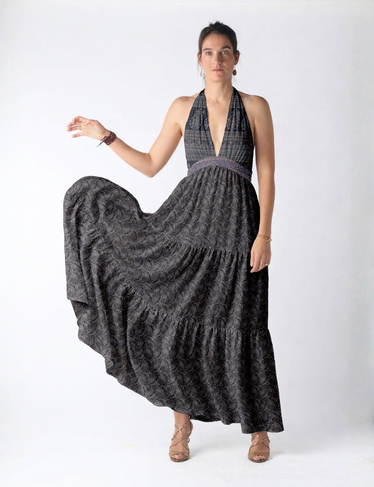 Halter neck maxi dress with tiered layers and elasticated back