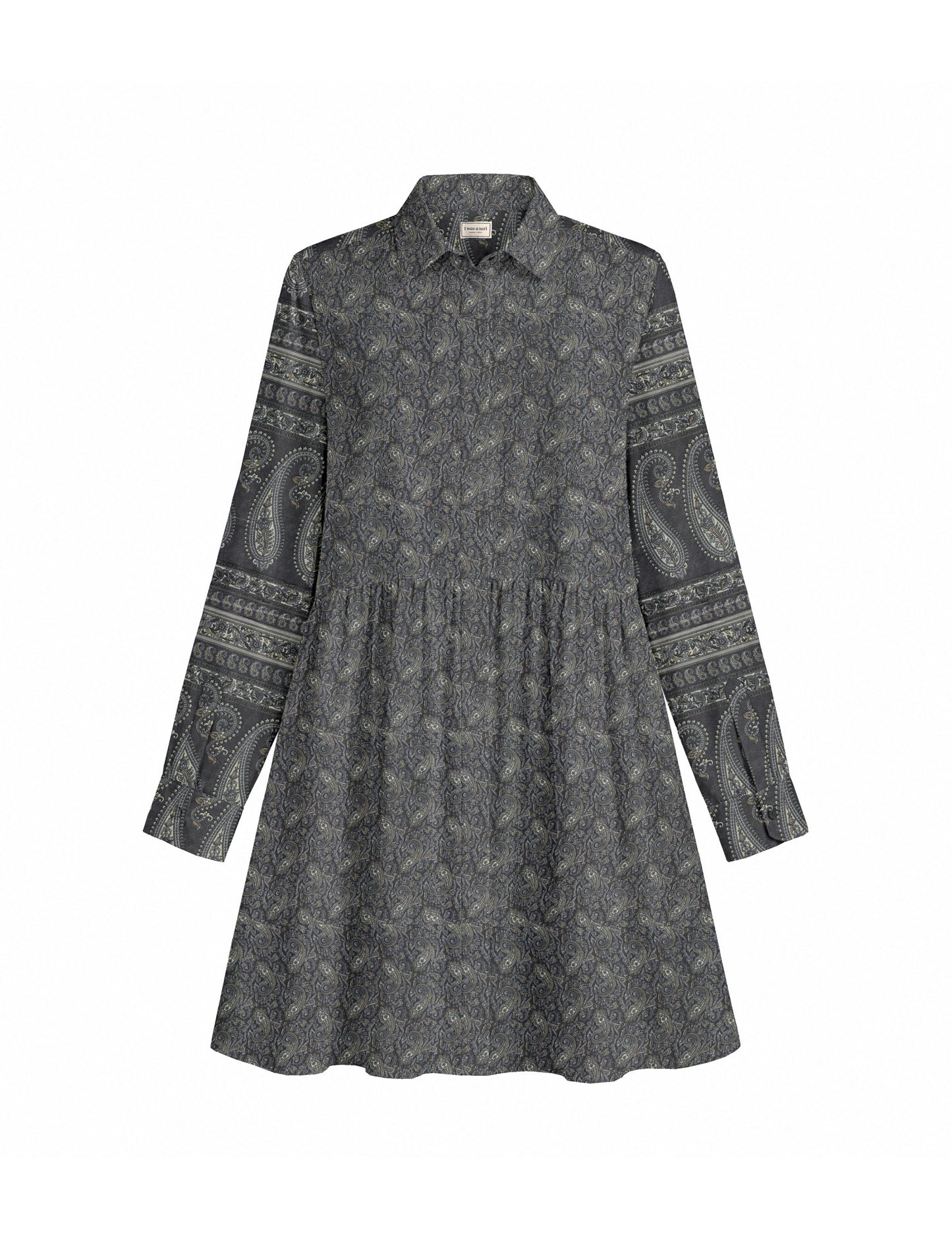 Short shirt dress with a relaxed A-line silhouette, point collar, partial button placket, gathered waist, side pockets, and full-length cuffed sleeves.