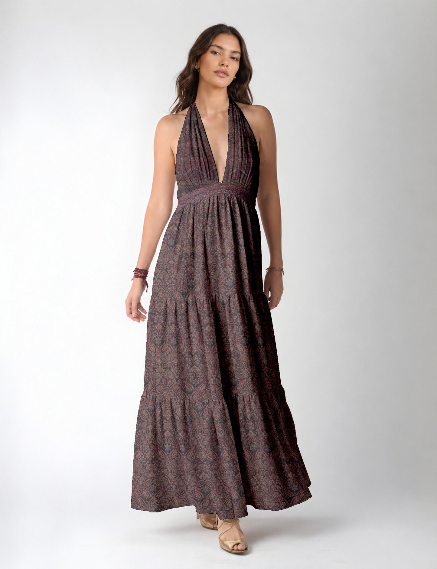Halter neck maxi dress with tiered layers and elasticated back