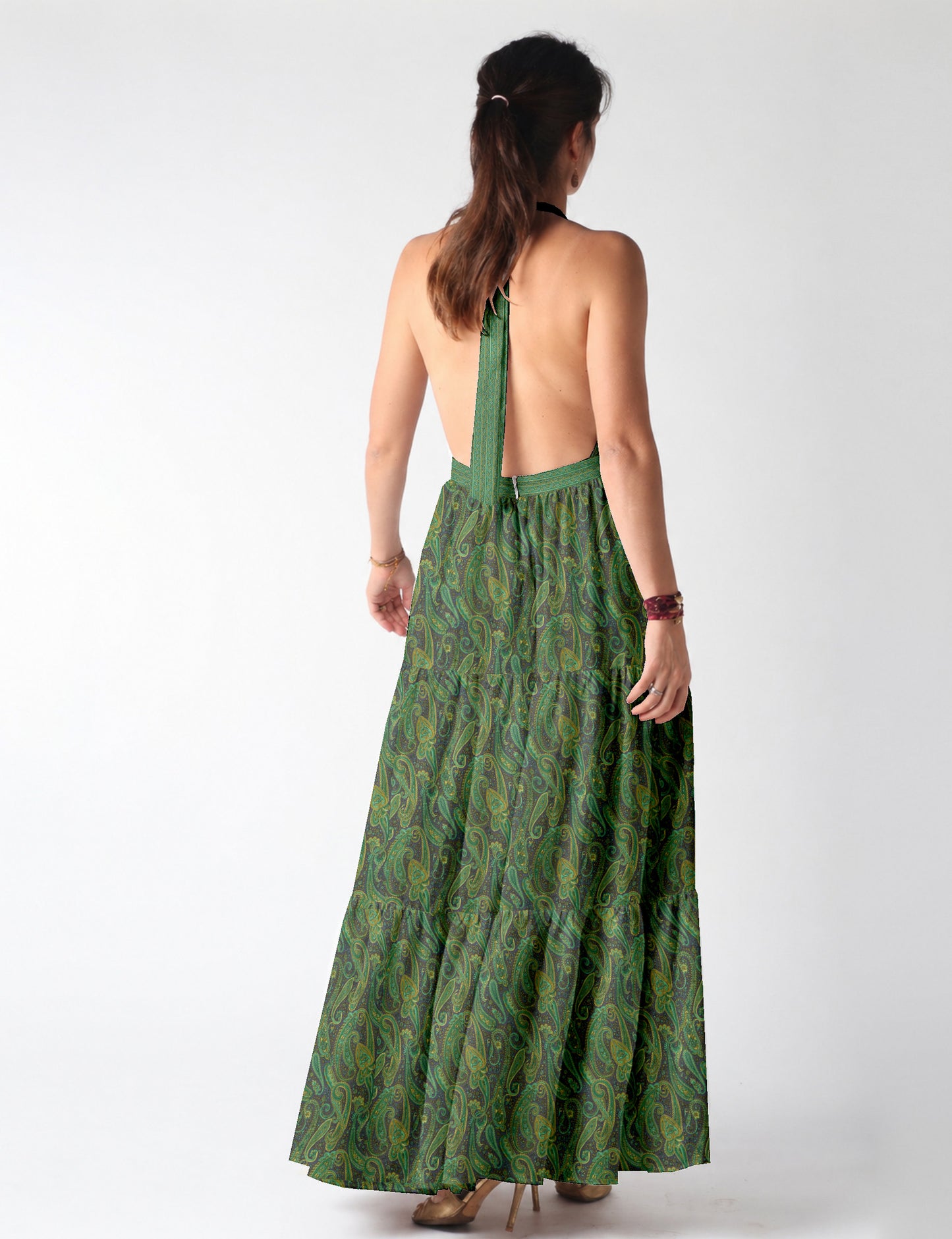 Halter neck maxi dress with tiered layers and elasticated back