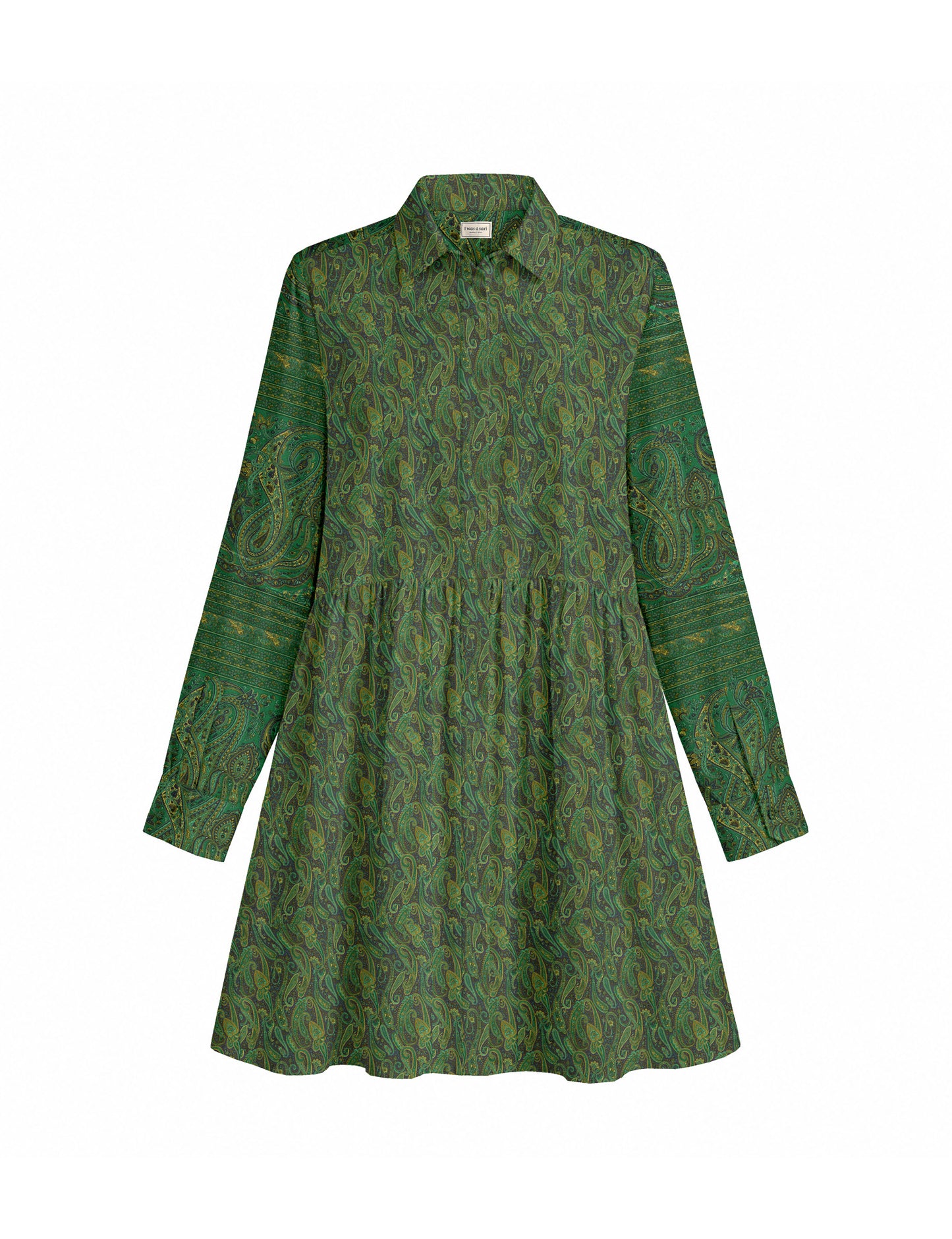 Short shirt dress with a relaxed A-line silhouette, point collar, partial button placket, gathered waist, side pockets, and full-length cuffed sleeves.