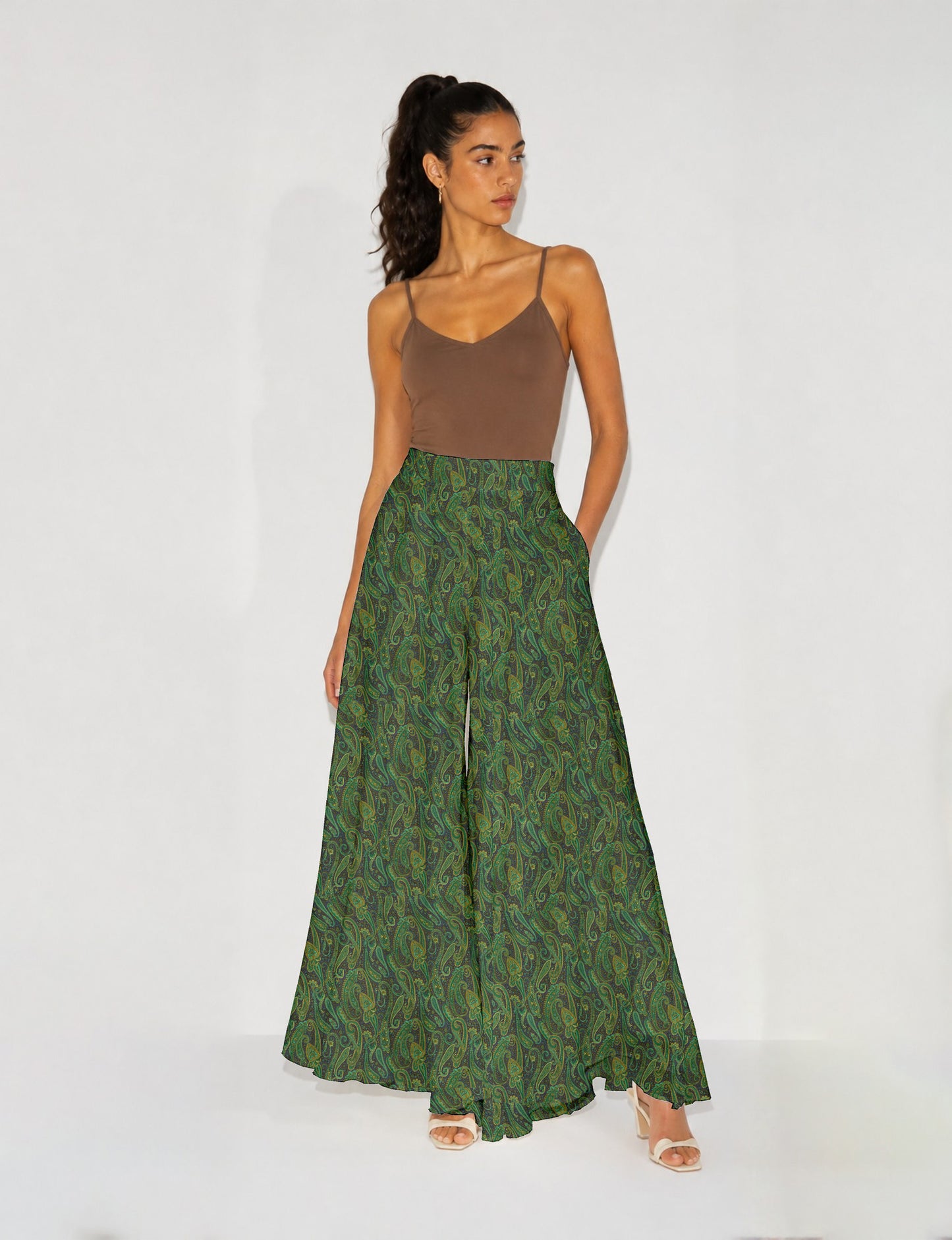 Wide Leg Palazzo Trousers - Grey Paisley