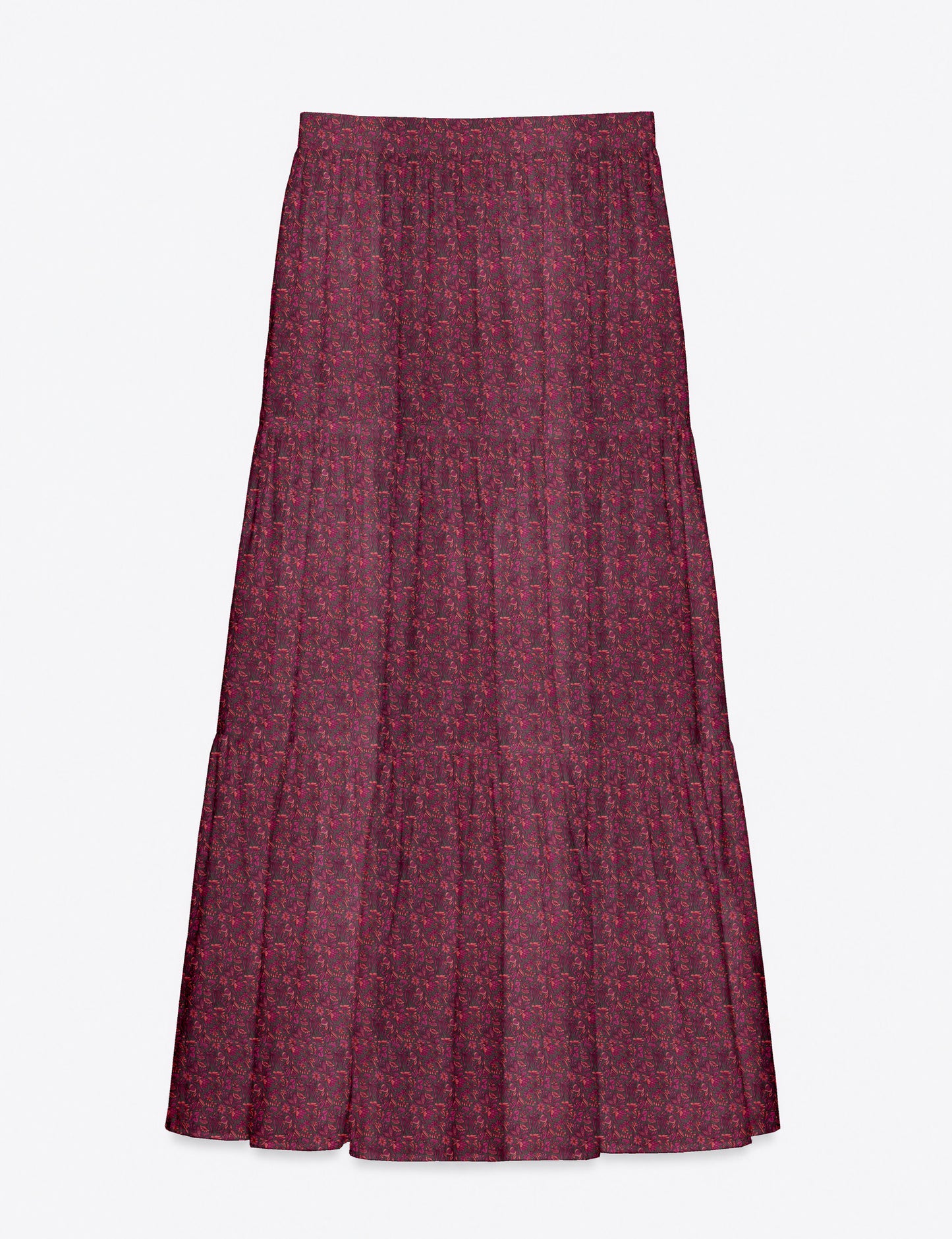 Yellow midi tiered skirt with small dark geometric micro pattern, flat lay front view