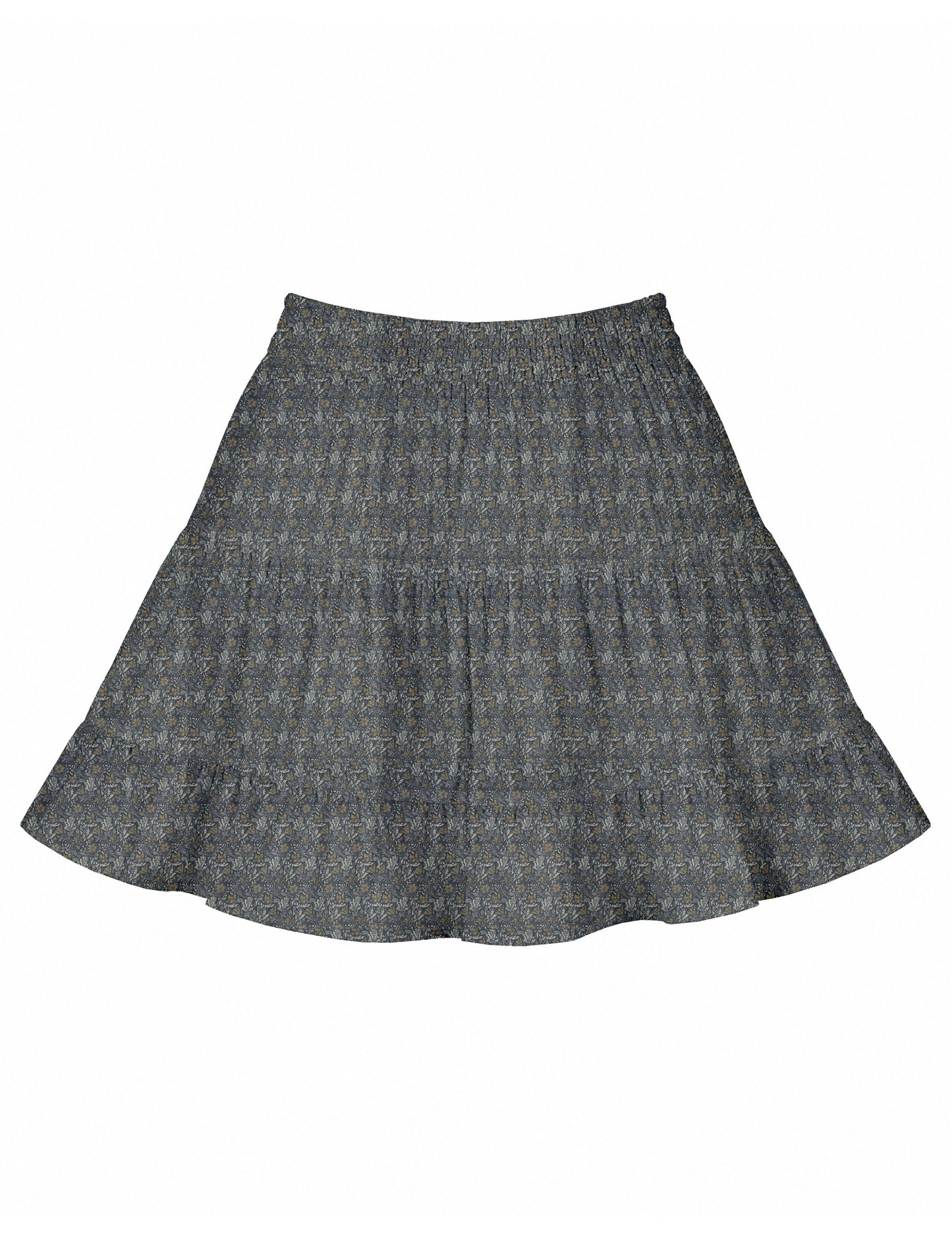 Short tiered skirt with a fitted waistband, knife pleats, softly flared silhouette, side seam pockets, and above-the-knee length.
