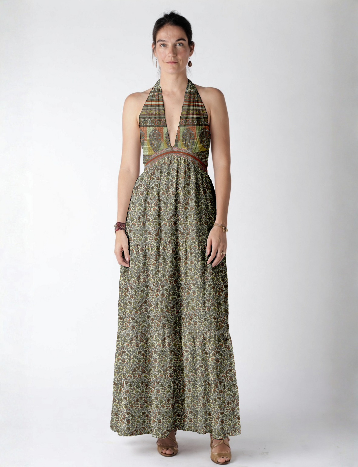 Halter neck maxi dress with tiered layers and elasticated back