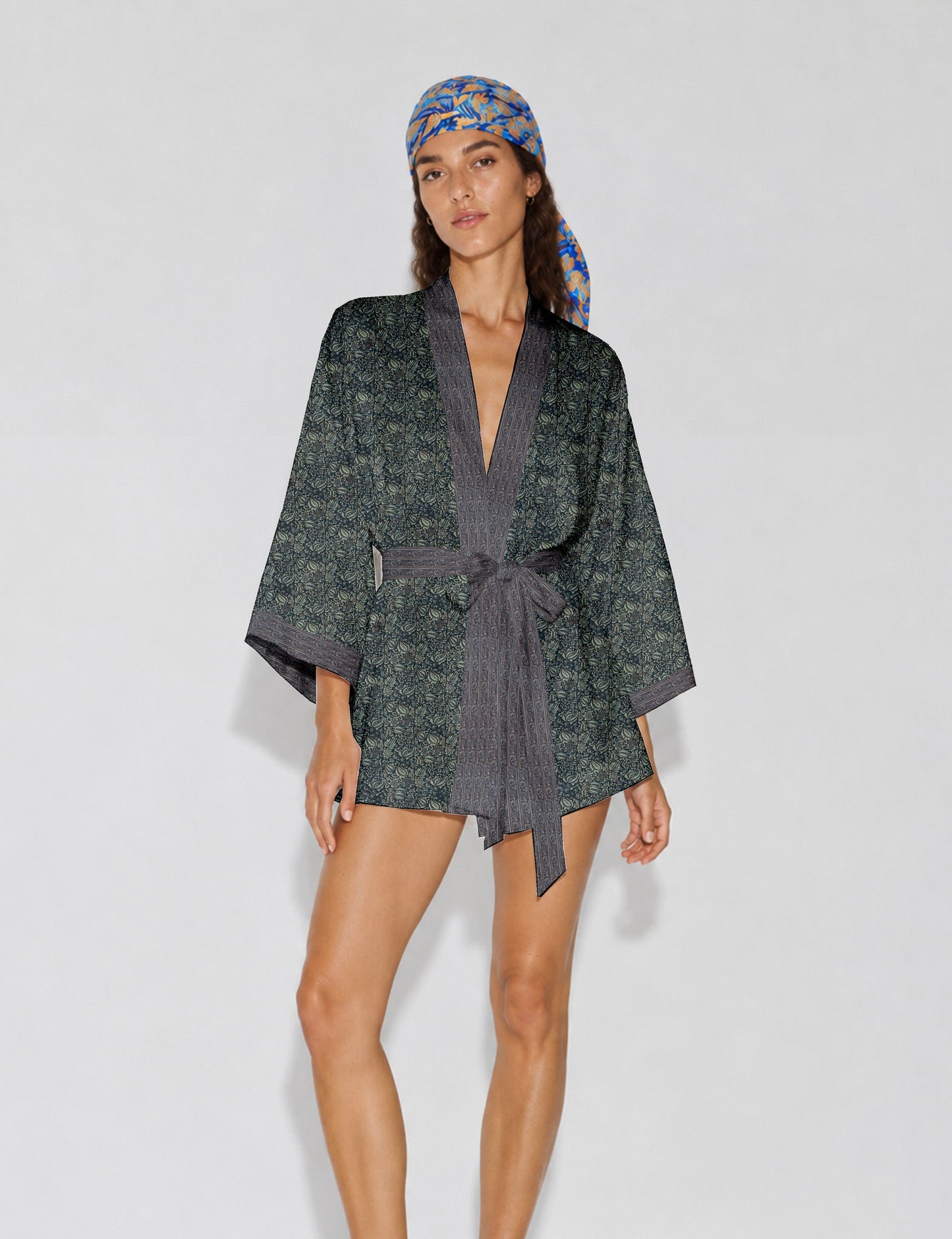 Short kimono robe - Grey Tropical